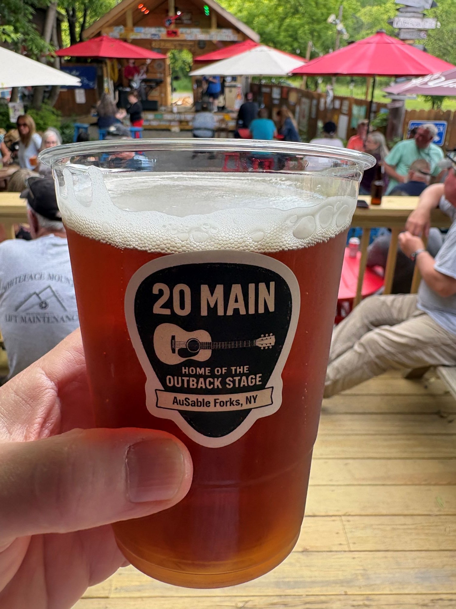 A plastic cup filled with beer at the OutBack Stage at 20 Main Bar in Au Sable Forks