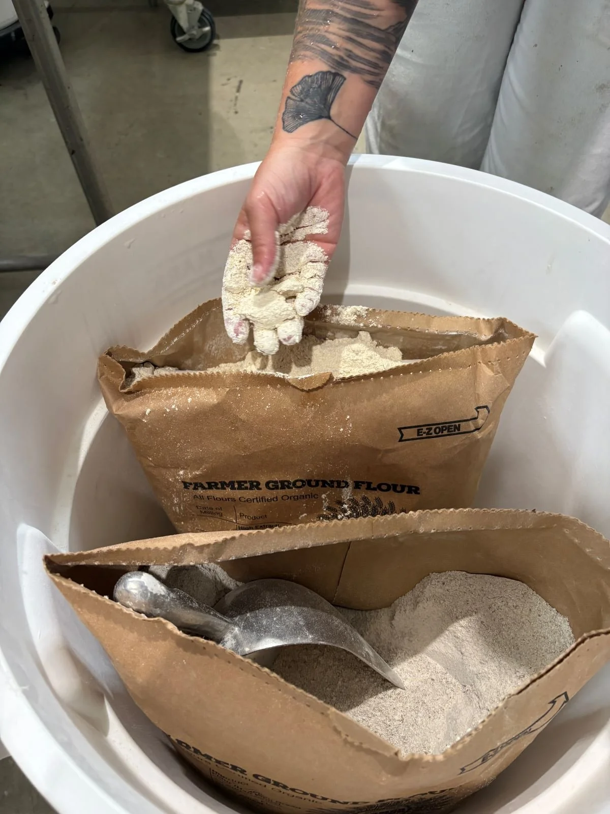 Bags of flour from Farmer Gorund Flour in New York ready to be used in The Drifter's Loaf's breads.