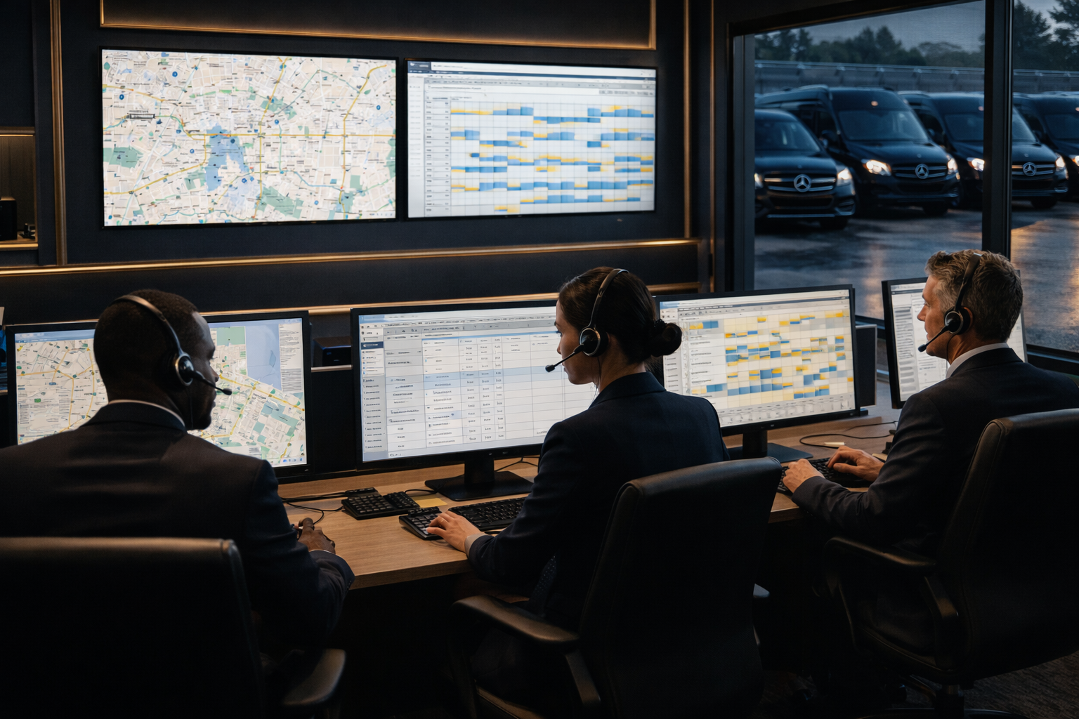 Luxe Trident Group 24/7 dispatch command center with operator monitoring fleet tracking and logistics systems