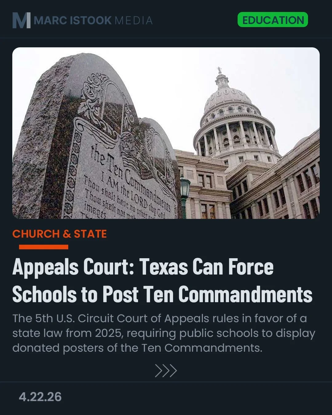 Should public schools be required to post the Ten Commandments in every classroom?

The Supreme Court has previously said no. Texas says yes. And now a federal court just spent a day deciding whether that&rsquo;s legal.

The arguments are more divers