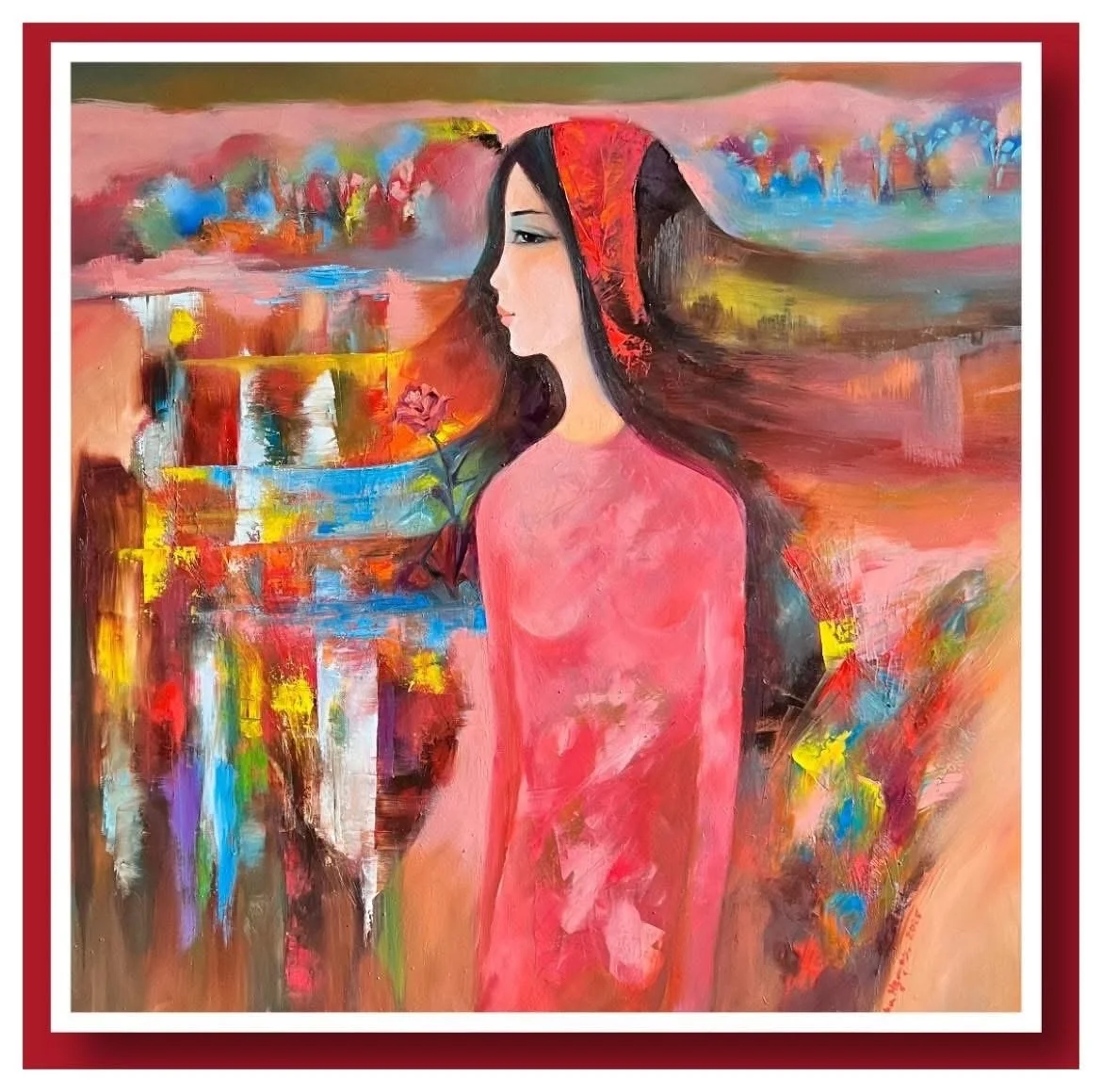 Young Woman with a Red Scarf • Oil on Canvas • 30 x 30 in (76.2 x 76.2 cm)