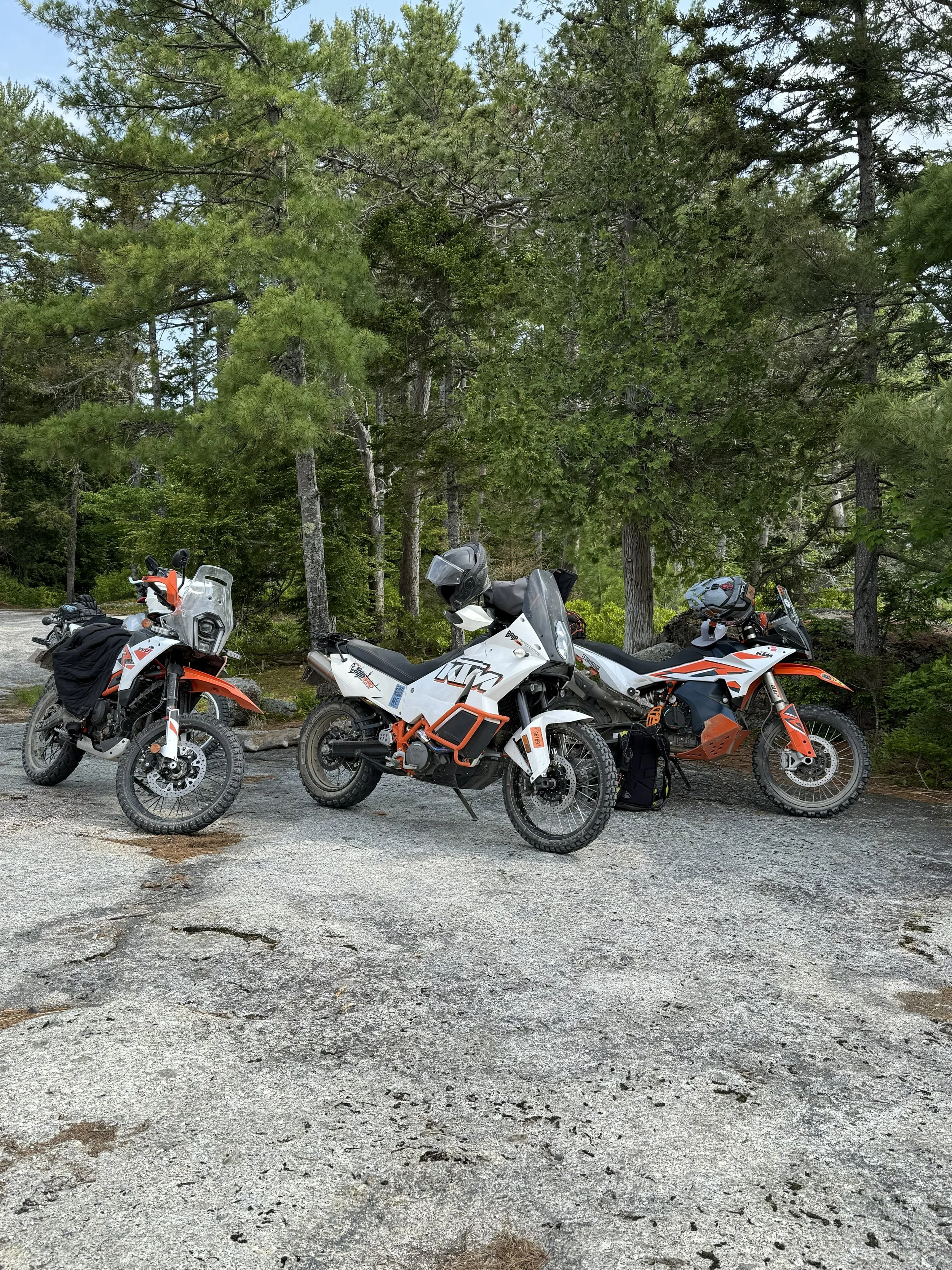 Adventure motorcycles parked in Downeast Maine during a guided Northbound Moto tour