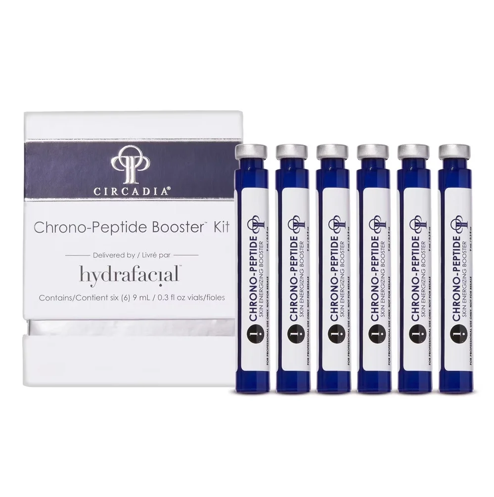 Six blue ampoules labeled circadia chrono-peptide booster next to a white and purple box labeled circadia hydrafacial at Beyond facials Santa Monica