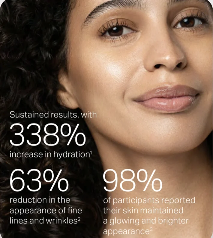 Close-up of a woman with clear skin with overlay text highlighting skincare results including increased hydration, reduction of fine lines and wrinkles, and improved skin brightness after Hydrafacial in Santa Monica at Beyond Facials