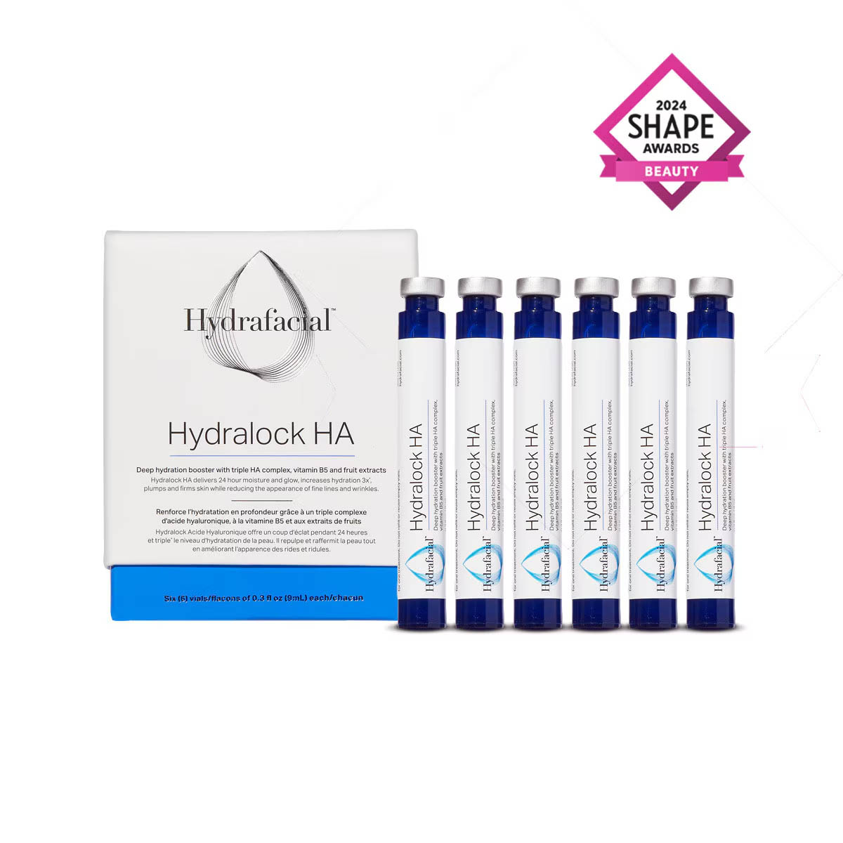 Box and six vials of Hydrafacial Hydralock HA serum with a 2024 Shape Awards beauty badge.