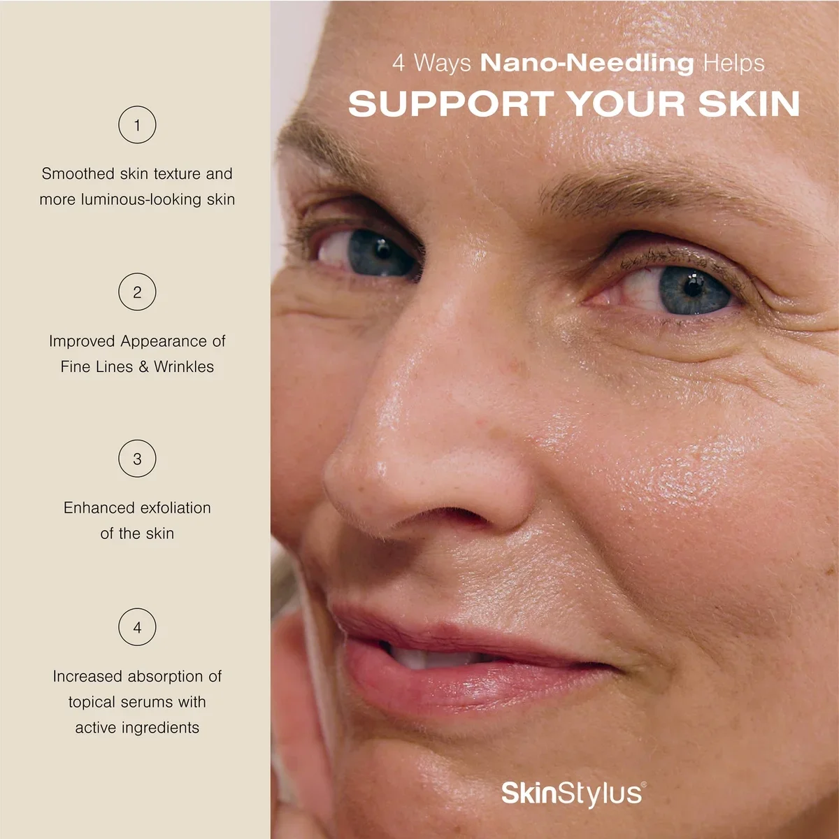 Close-up of a woman's face highlighting skin texture and fine lines, with text overlay listing four benefits of nano-needling, including improved skin appearance, exfoliation, and serum absorption after nano treatments at Beyond facials Santa Monica
