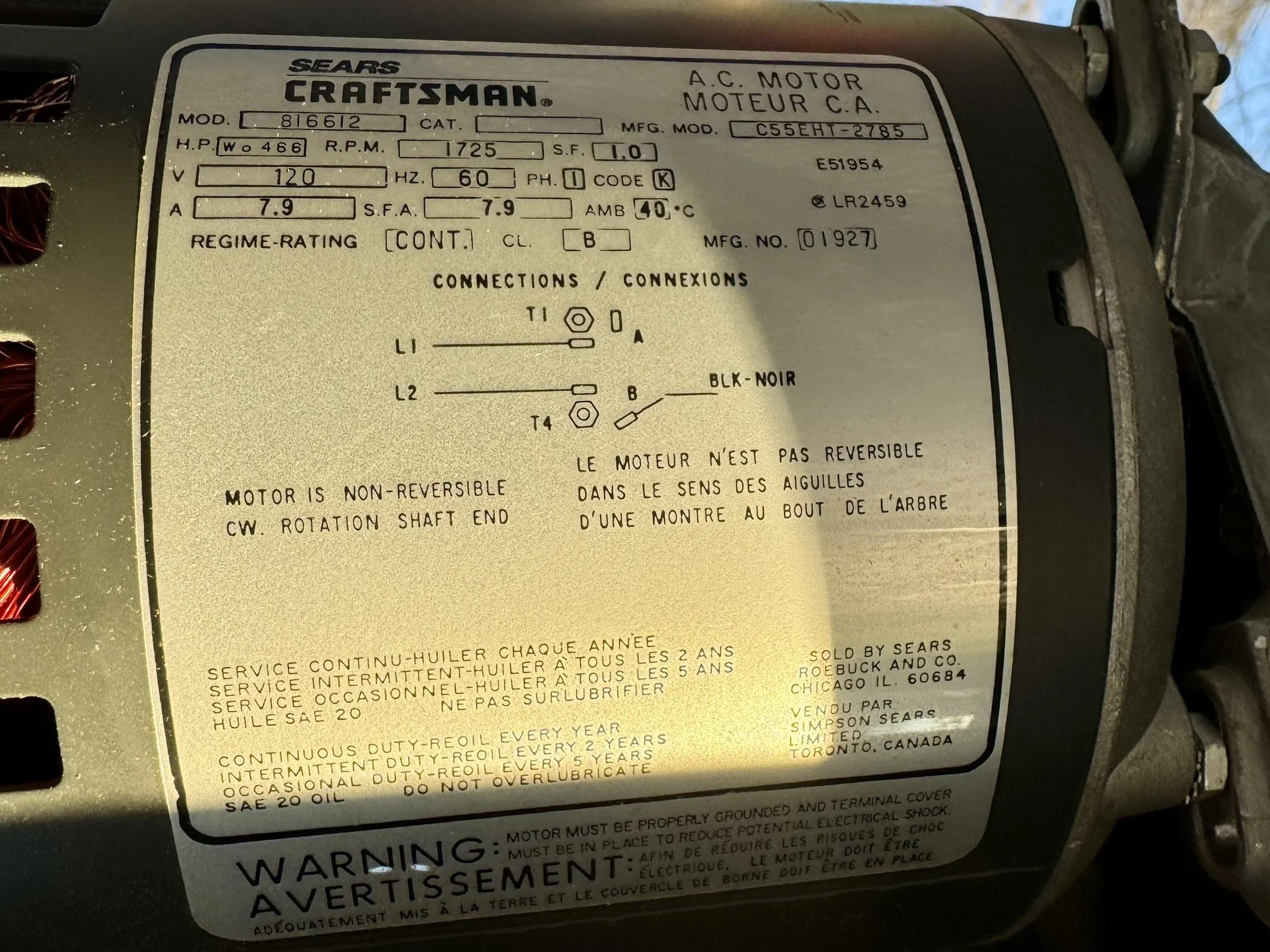 Technical specification plate for Craftsman 113.247310 band saw showing 1-1/8 HP induction motor ratings and wiring diagram.