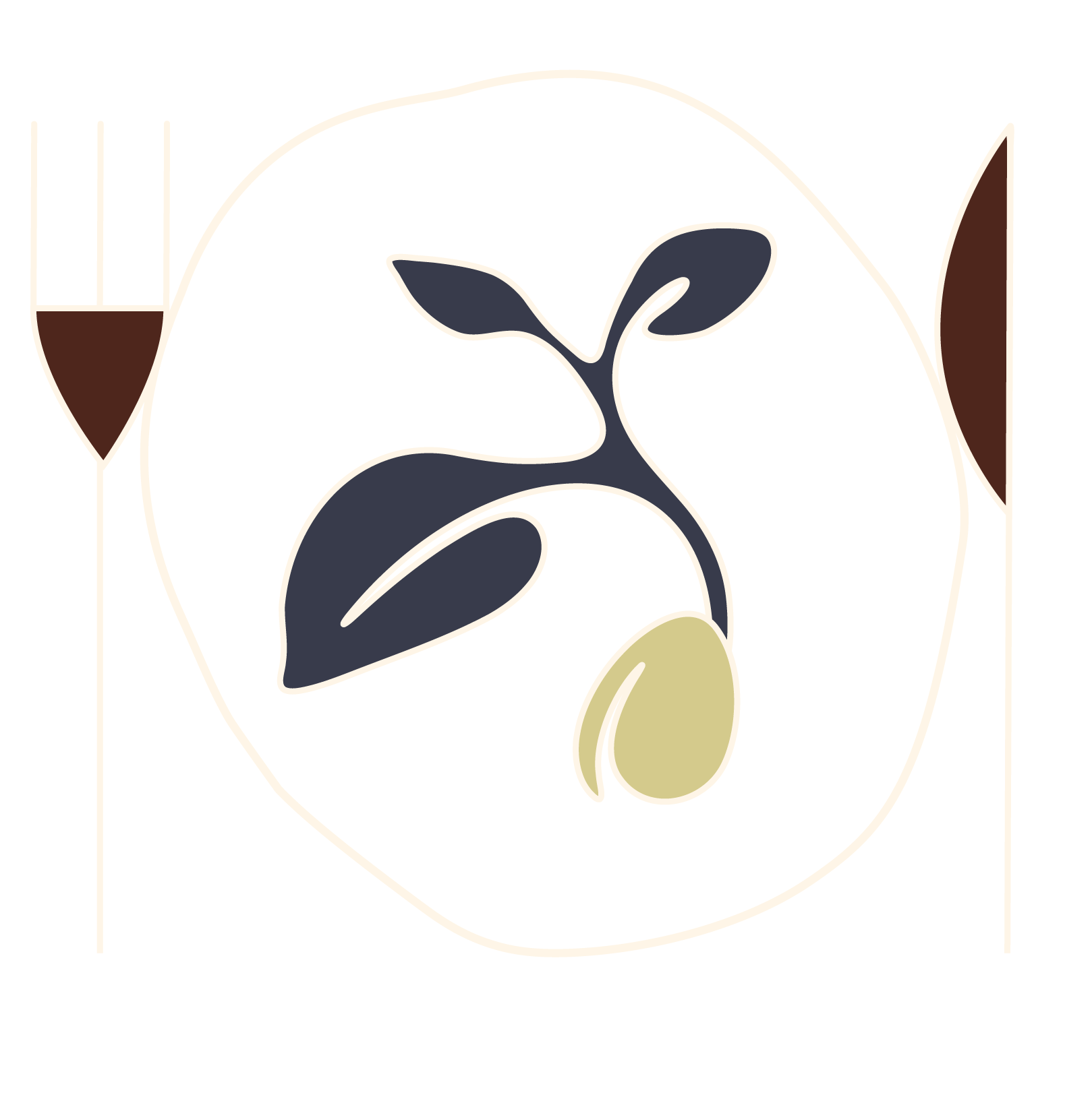 Abstract minimalist illustration of a potted plant with dark leaves, surrounded by a faint circular background and light-colored geometric shapes with seed in the center.