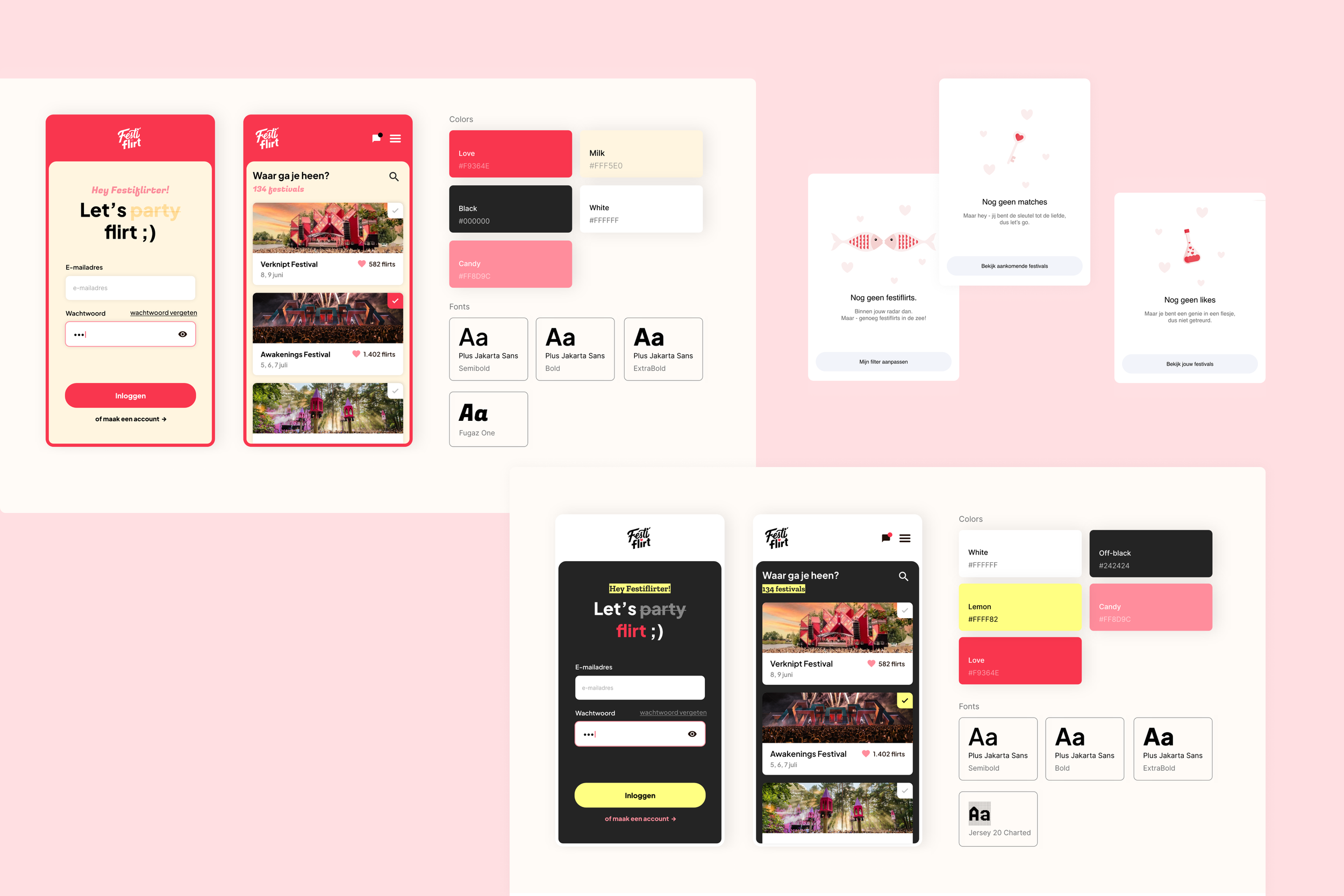 Two different mobile app design mockups, one with a red and pink theme and the other with a black and yellow theme. Both screens show a festival or event app with options to browse festivals, search, and view event details. The designs include color palettes, font options, and sample festival images.