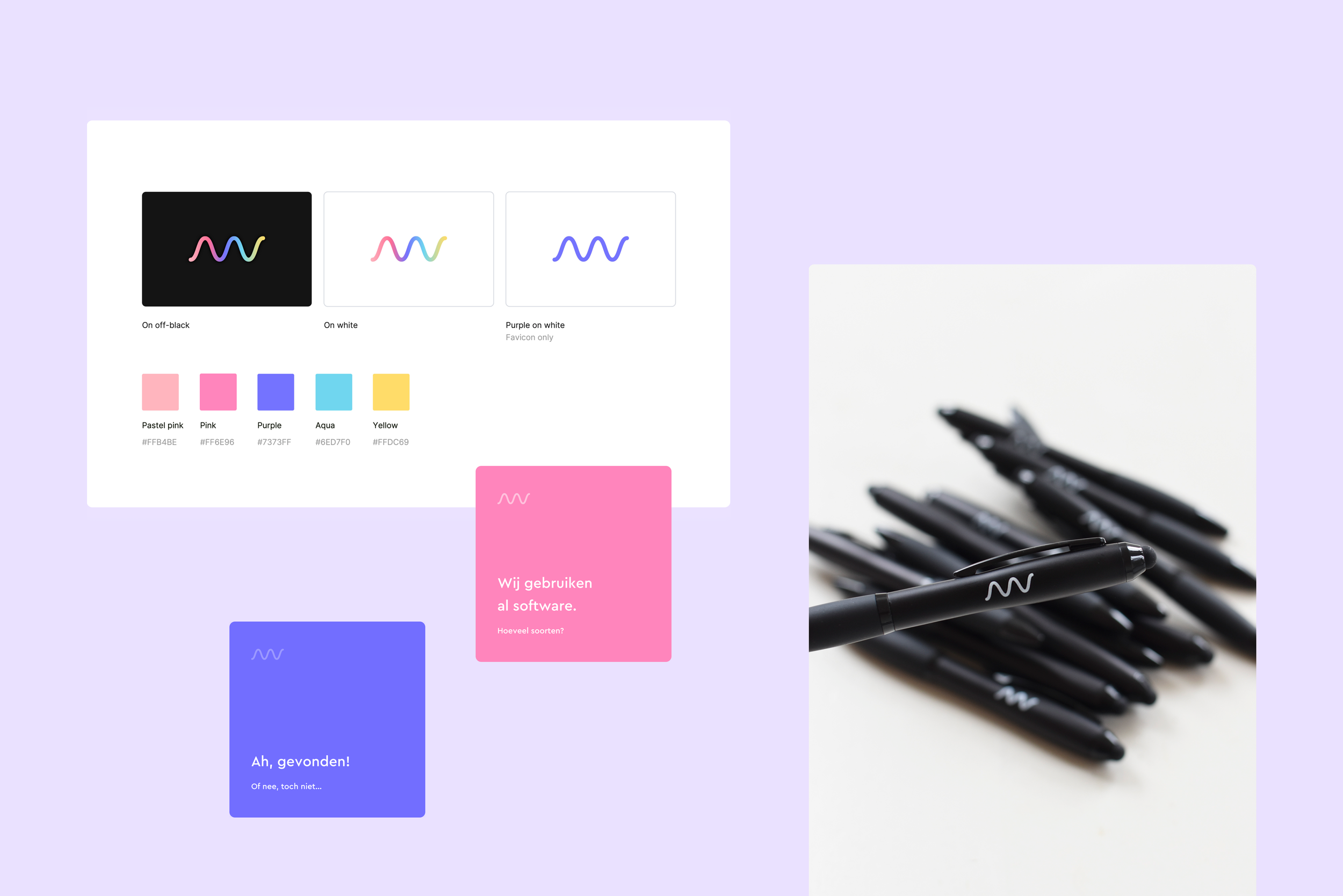 A display of various black pens with white wave-like logos, some pens are stacked, on a white surface, with a purple background featuring colorful interface elements including swatches and text boxes.