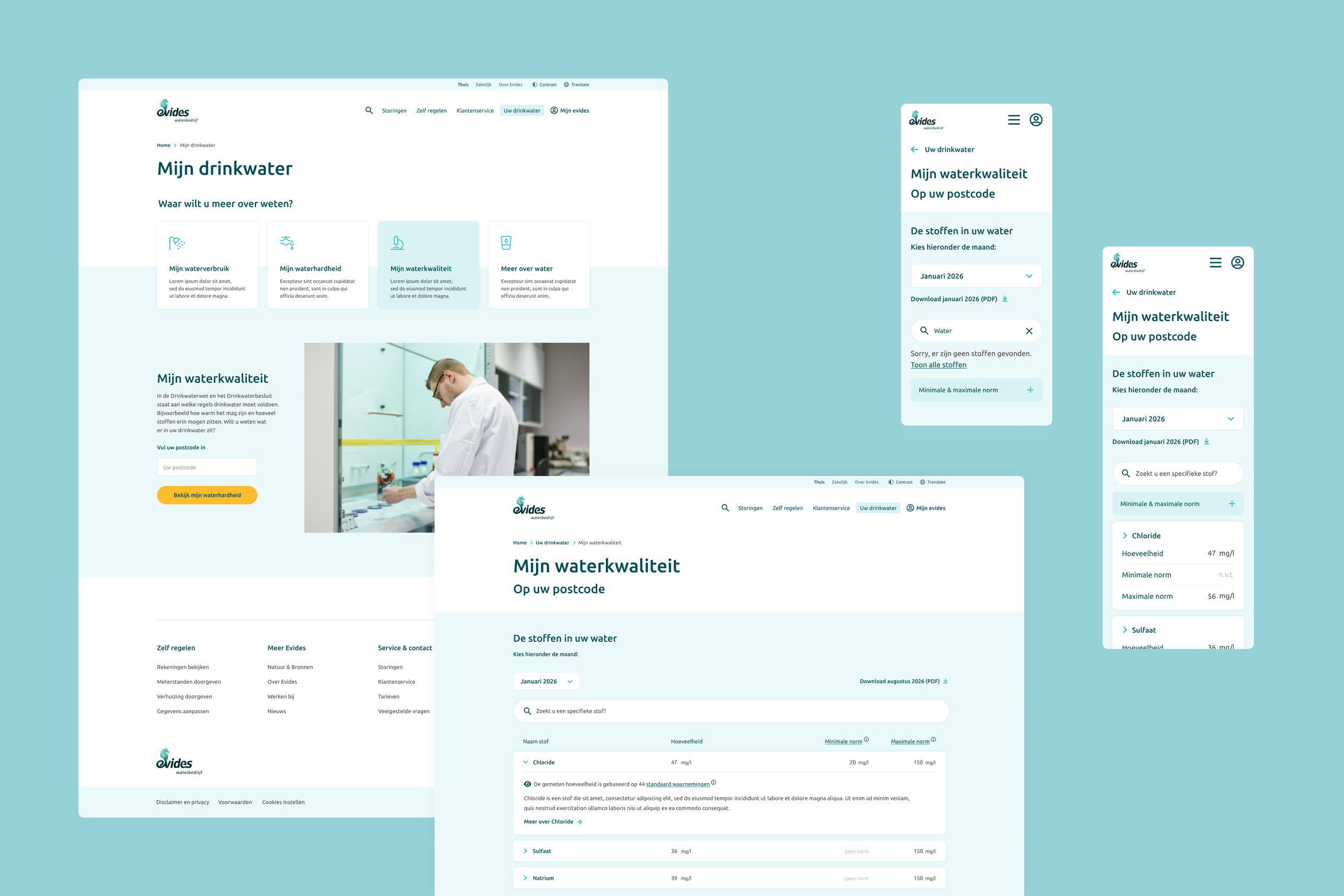 Screenshots of a water quality app and website in Dutch, showing options to check water usage, water hardness, water quality, with a final screen displaying detailed water quality data including chloride levels.