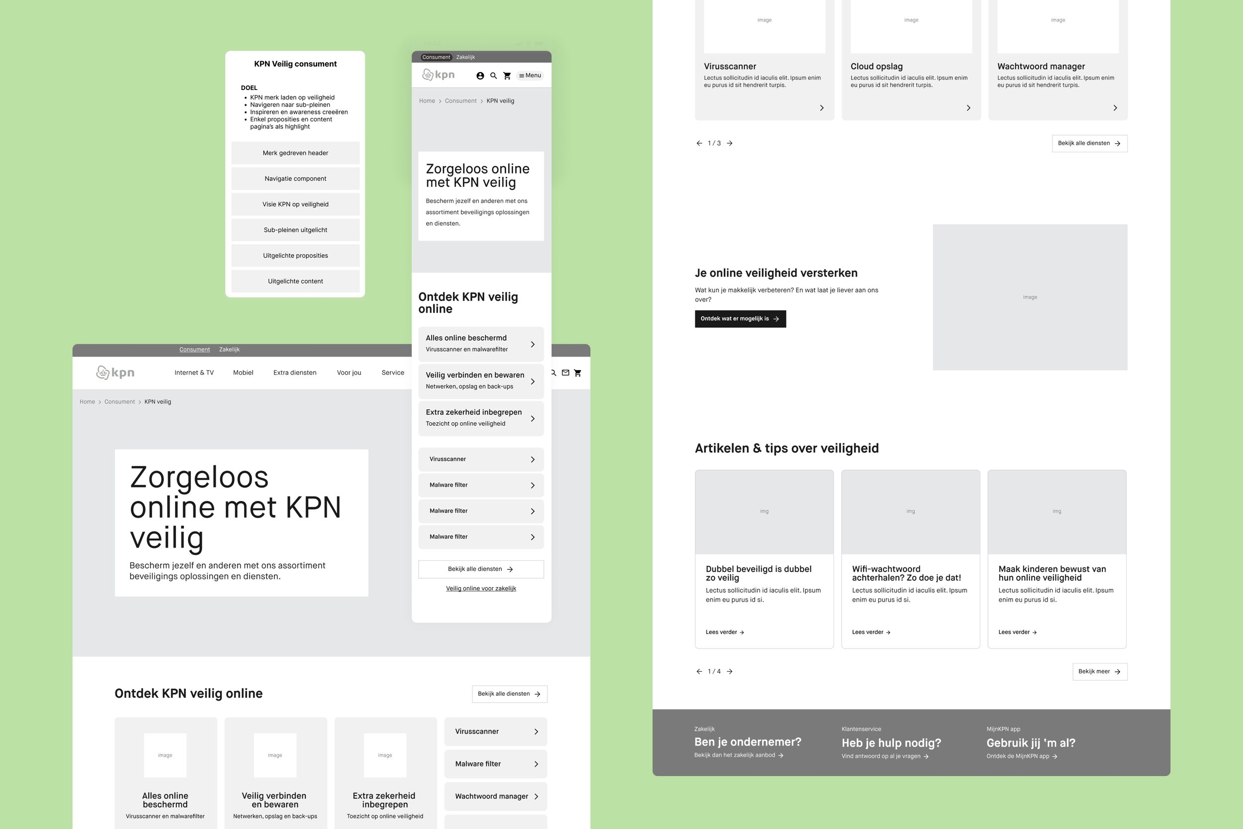 Screenshots of KPN online security services webpage in Dutch, showing sections on online protection, malware filters, antivirus tools, and safety tips, with gray and white interface elements on a light green background.