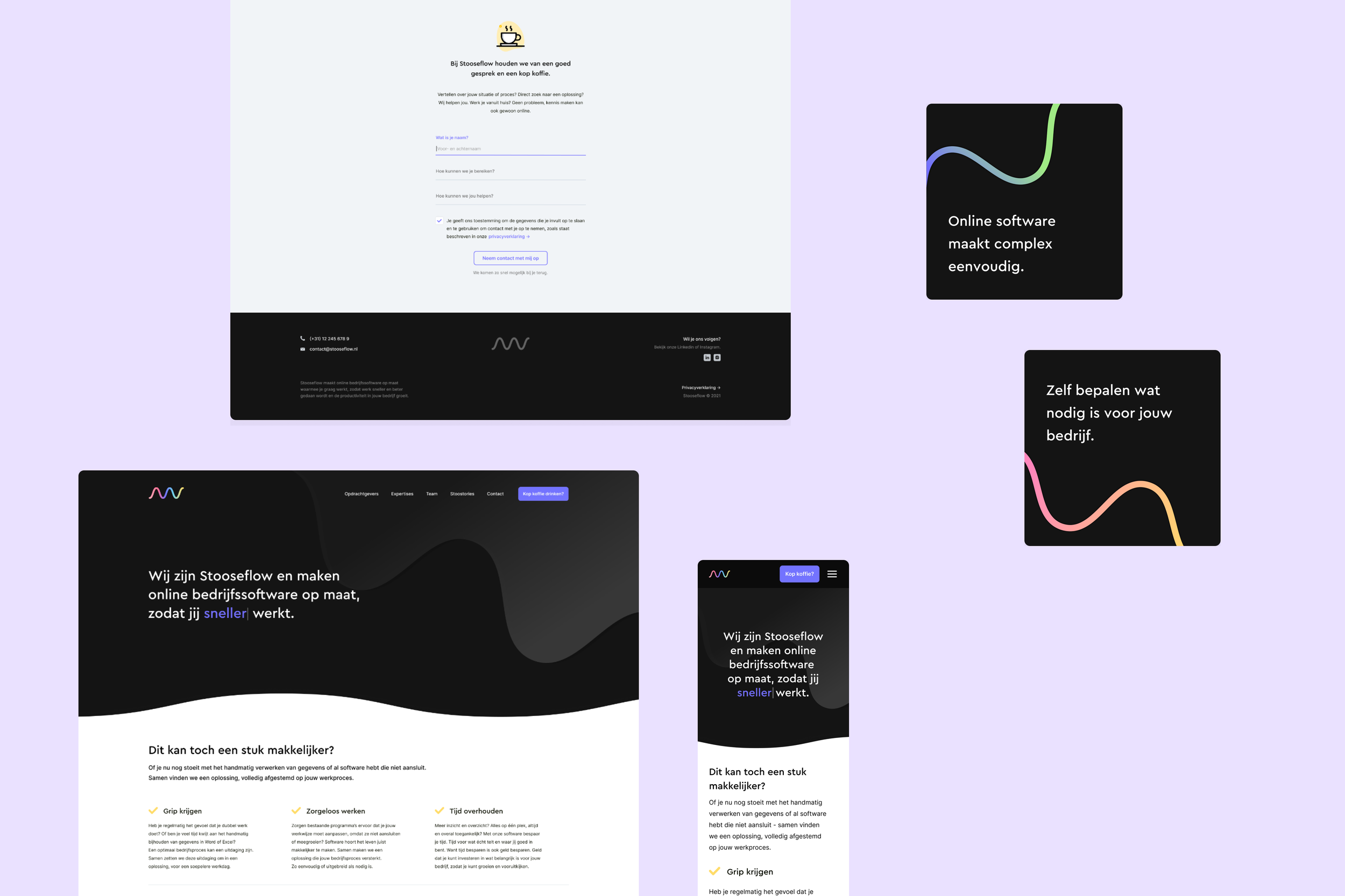 Screenshots of a website displayed on various devices, including desktop and mobile, with a dark theme, colorful wave-like logo, and text in Dutch about custom online business software.