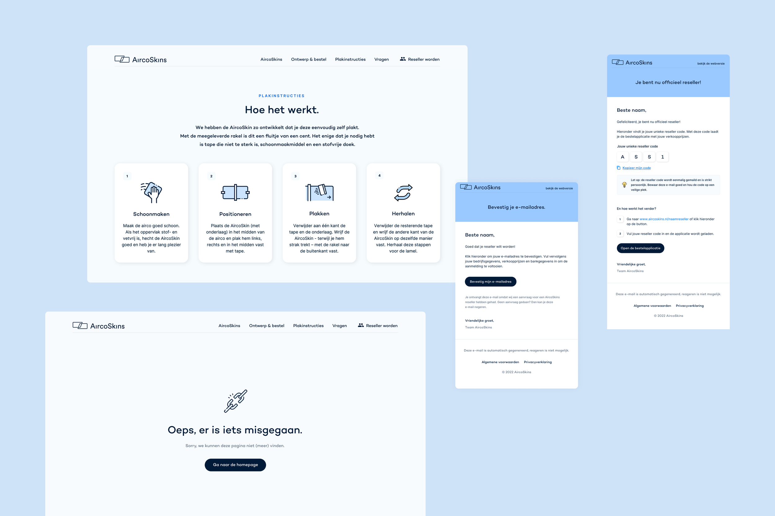 Computer screens displaying a website for AircoSkins, showing instructions on how to apply a sticker, a page indicating an error with a message 'Oops, er is iets misgegaan' and options to continue or resell, and multiple mobile views of the website's pages.