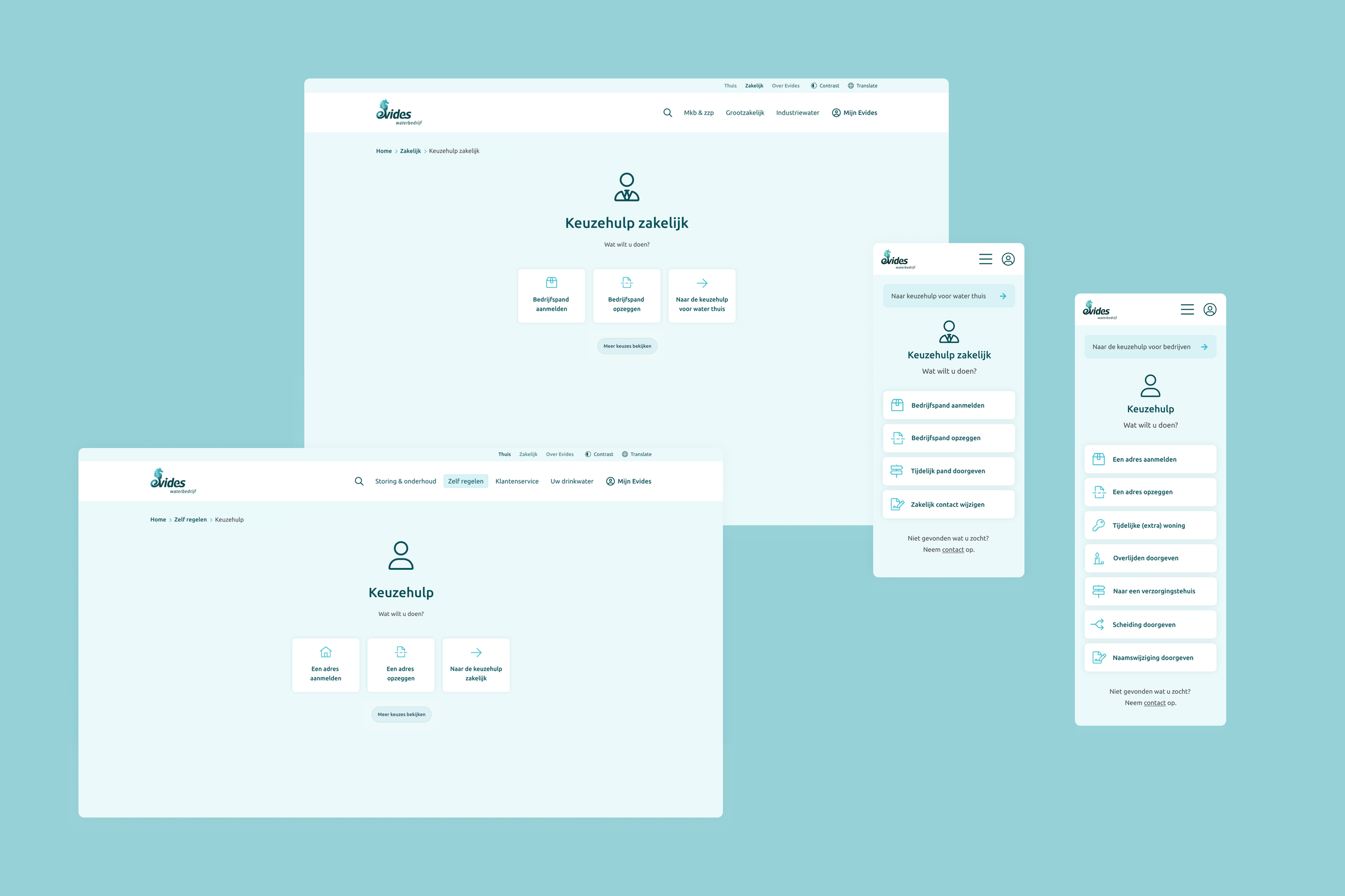 Screenshots of a water company's online customer service portal in Dutch, showing options for business and individual customer help, with mobile and desktop views.