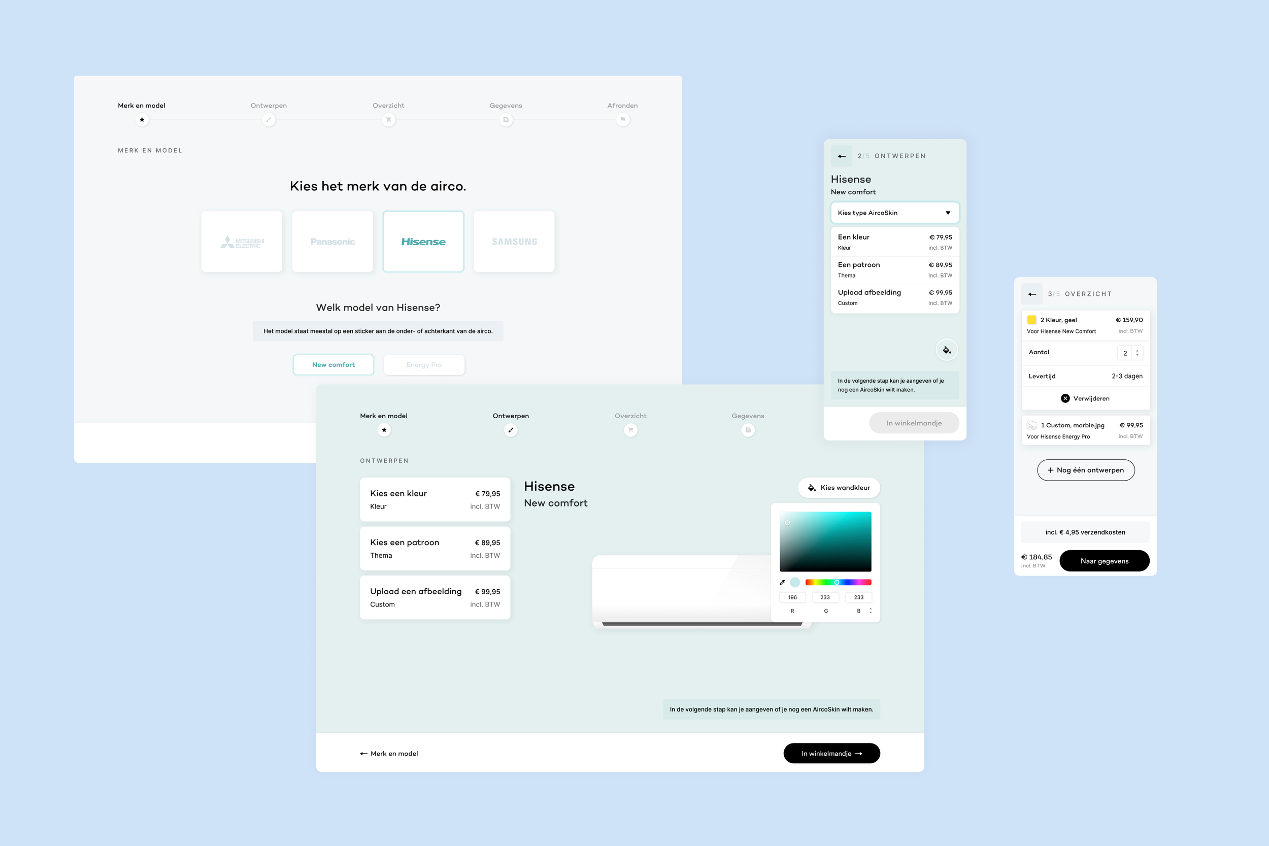 Screenshot of an online customization tool for air conditioners, displaying different brands, model options, color choices, themes, image uploads, and pricing details.