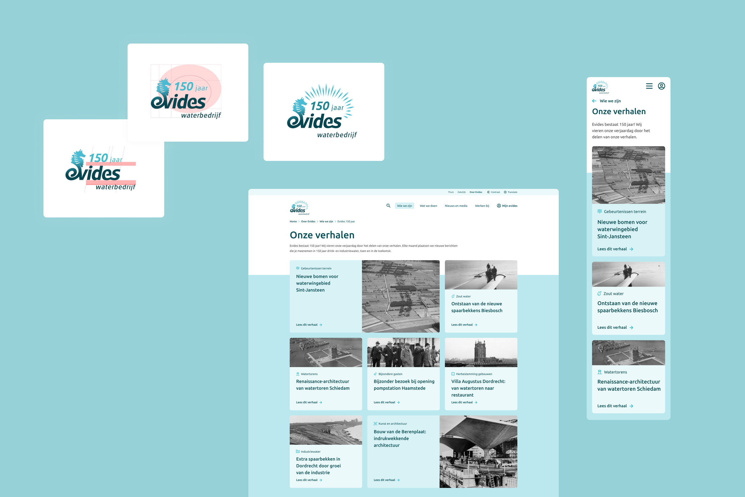 A collection of digital images and screenshots showcasing the 150th anniversary logo of Evides water company, including branding elements, website pages, and mobile interface designs in a blue and white color theme.