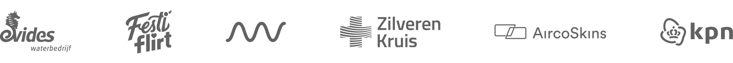 A row of various company logos on a black background, including Wides, Festi Flirt, Zilveren Kruis, AircoSkins, and KPN.