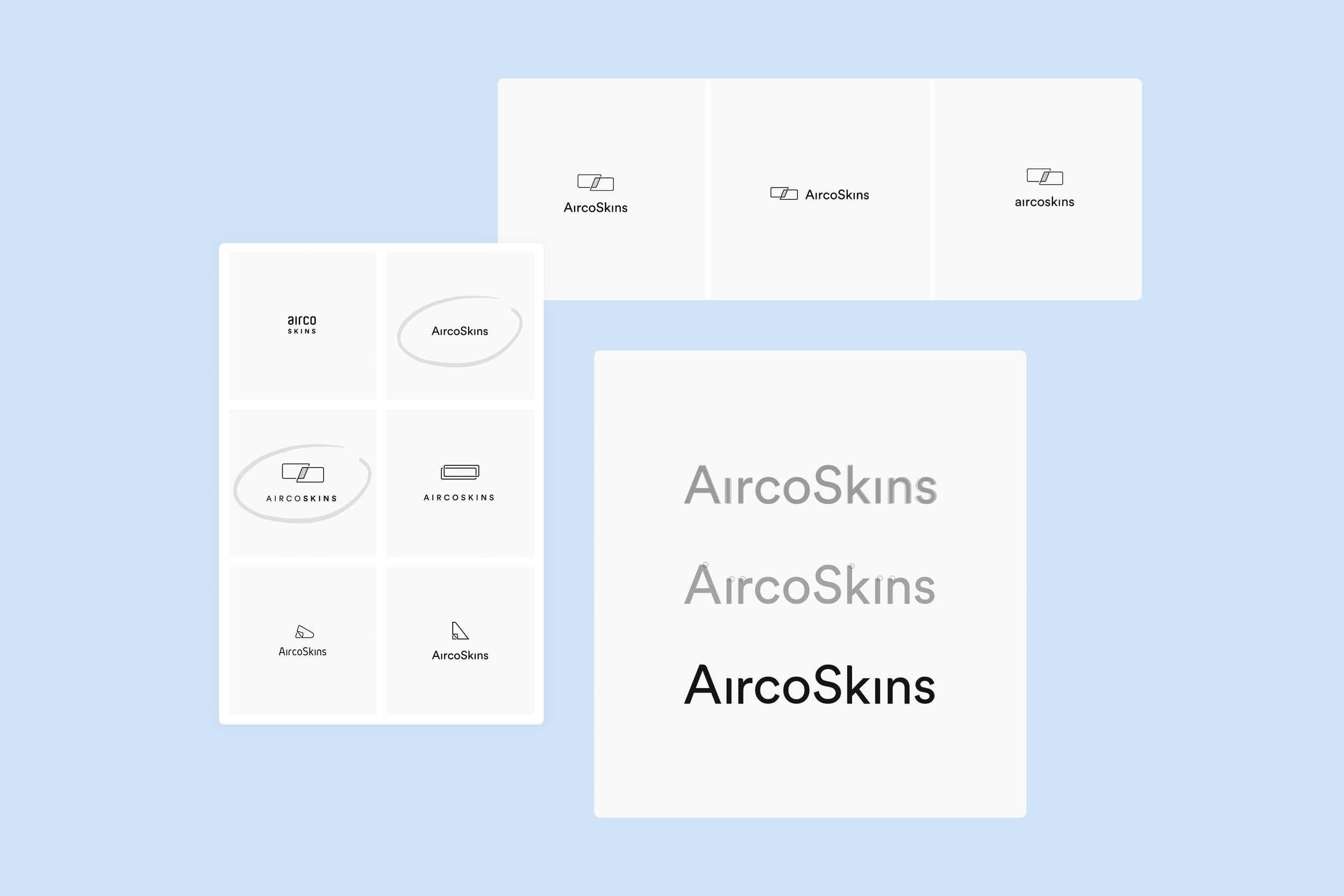 A collage of various logo designs for 'AircoSkins,' including different text styles and icons on a light blue background.