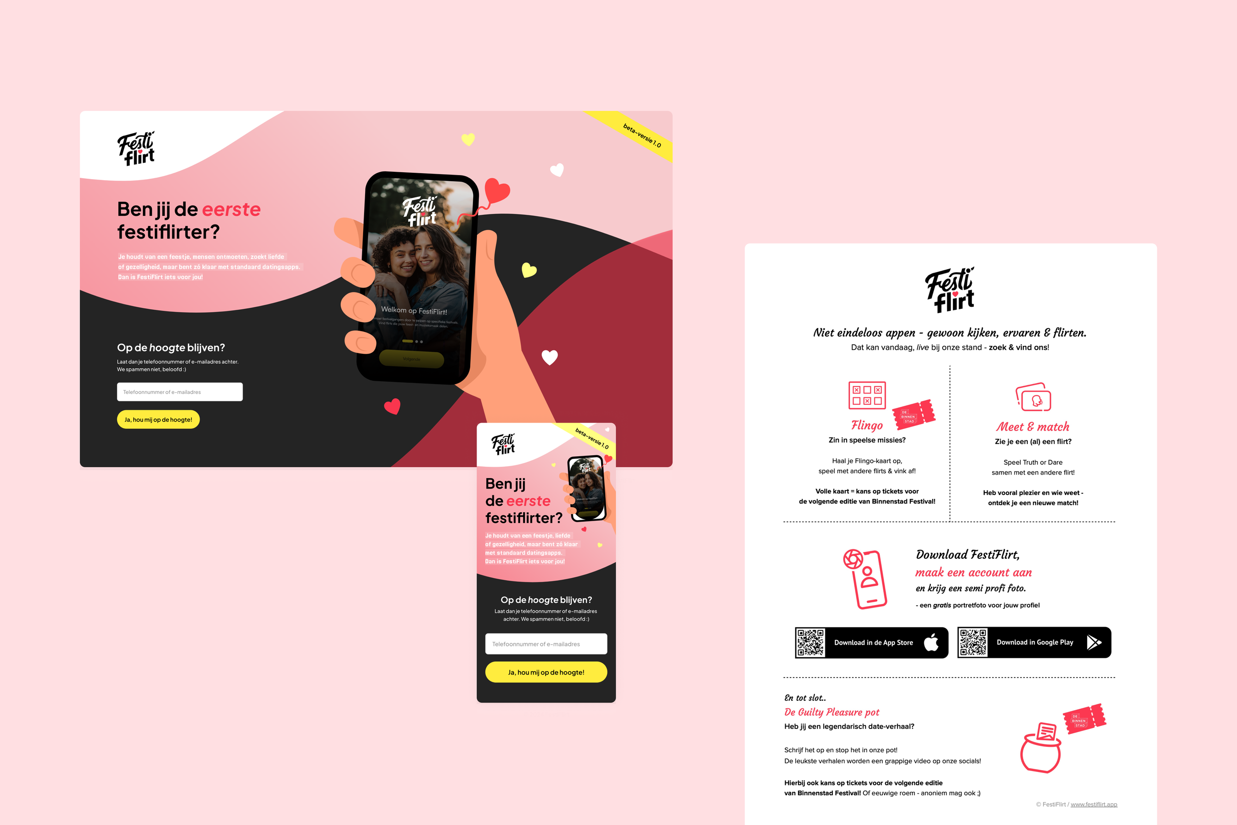 An advertisement for FestiFlirt, a dating app. The ad features a hand holding a smartphone with the app's splash screen showing two smiling women. Text in Dutch invites users to become the first festival flirt, with instructions to stay updated via a website or app, including download links for iOS and Android. The ad has a pink background with heart and love icons.