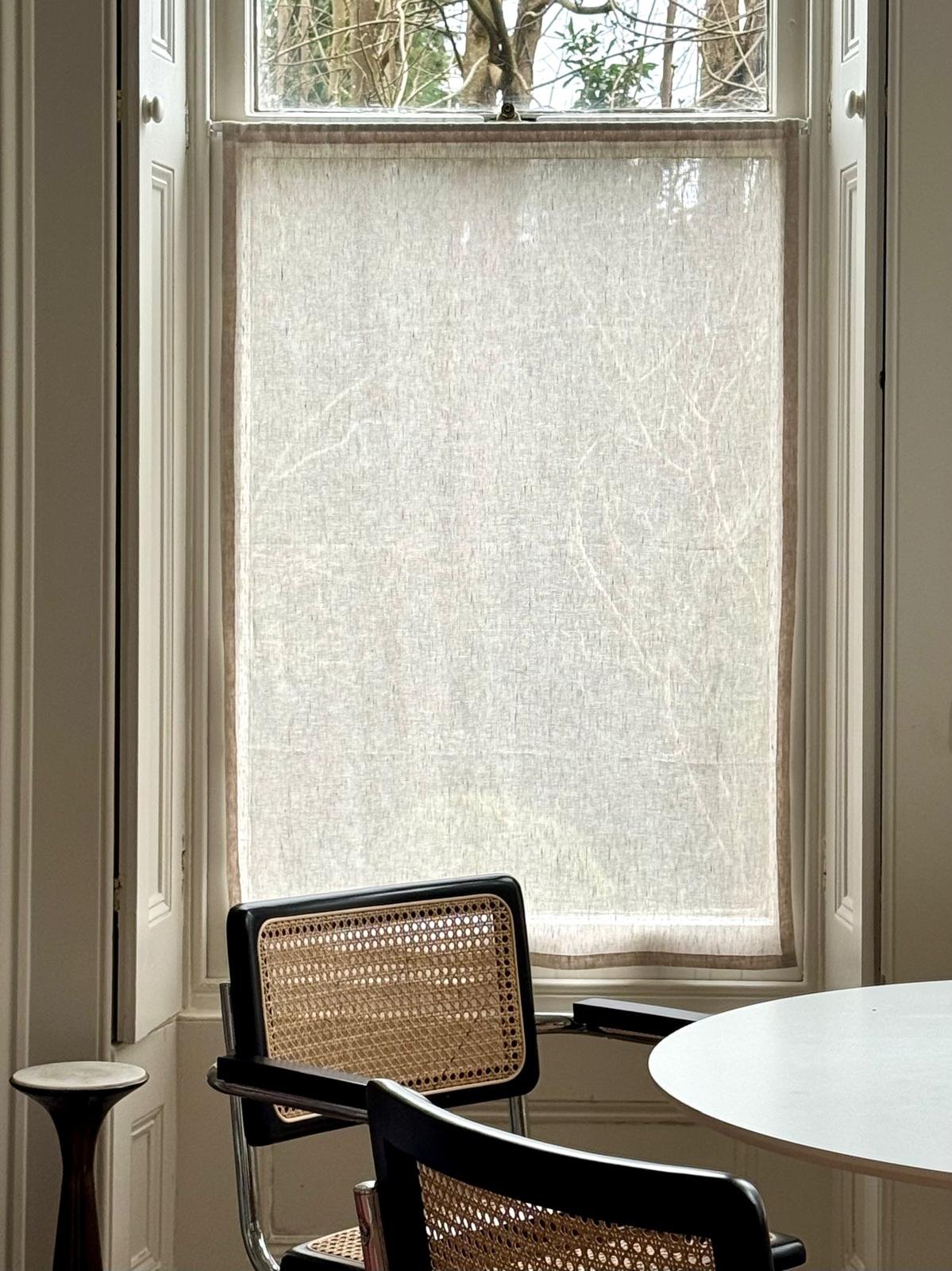 Privacy Panel in Sheer Natural Linen - fitted within the recess to allow full functionality of the original shutters