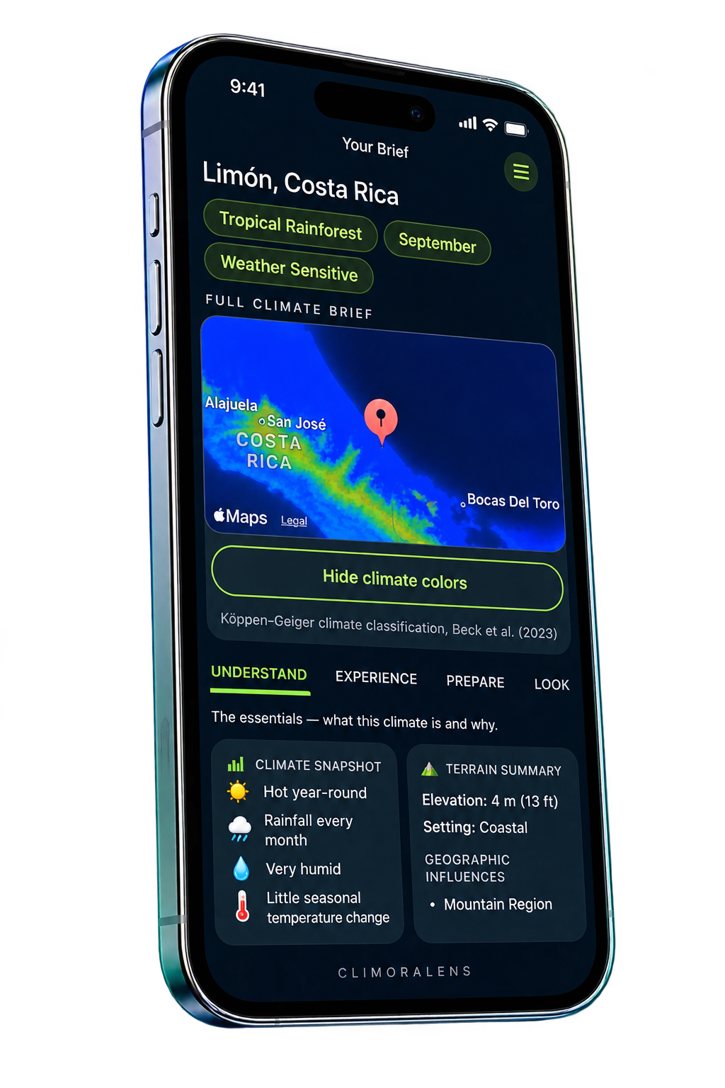 ClimoraLens Brief screen for Limón, Costa Rica showing tropical rainforest classification and climate summary