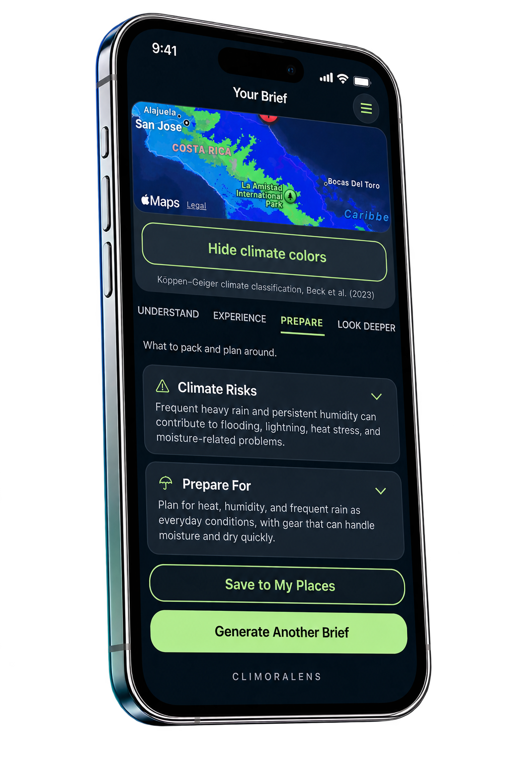ClimoraLens Prepare screen showing climate risks and packing recommendations