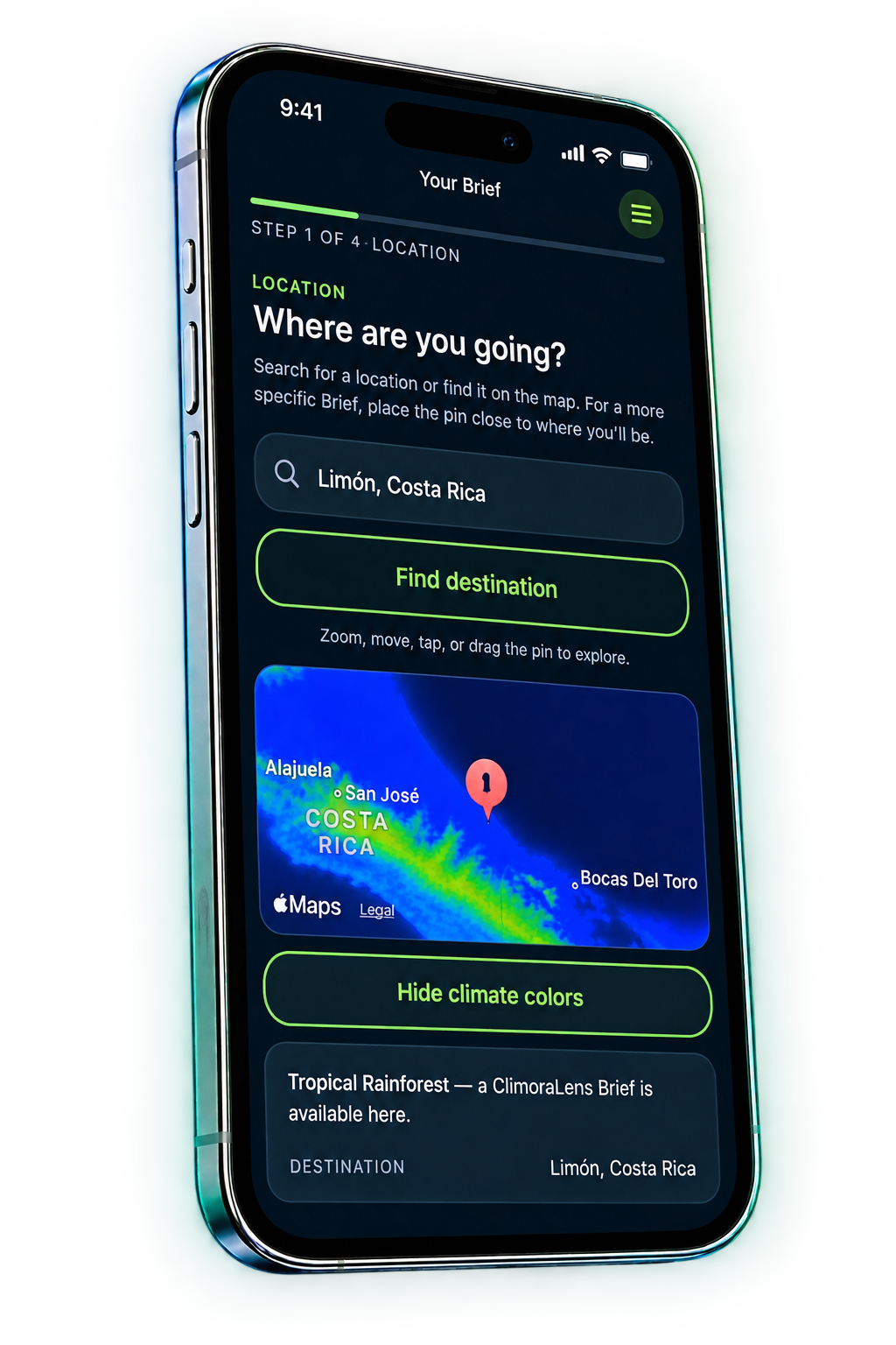 ClimoraLens location screen showing map pin search for Limón, Costa Rica