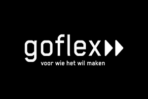 Goflex logo with a play icon and the slogan 'voor wie het wil maken' in Dutch.