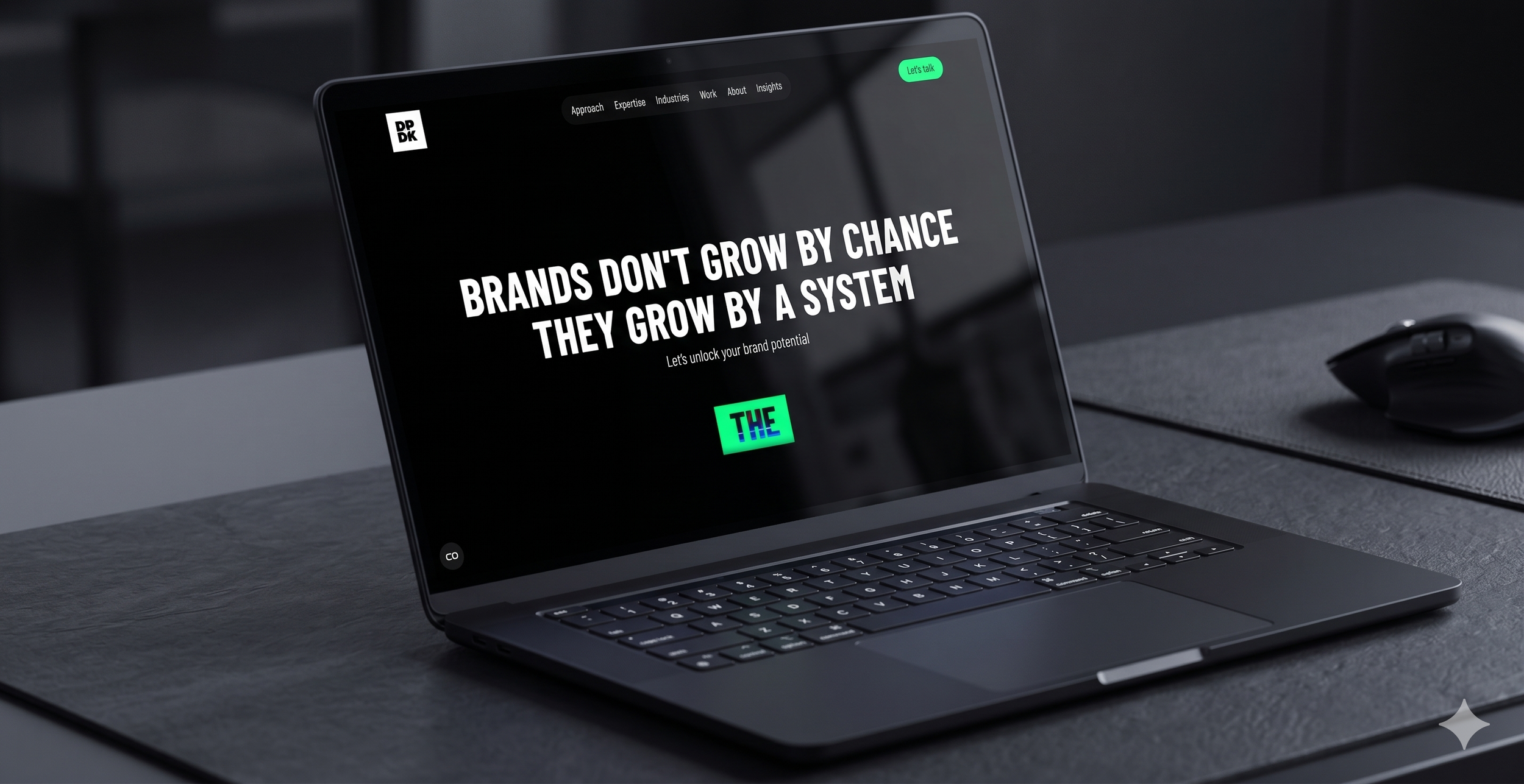 Open laptop on a desk displaying a website with bold white text that says 'BRANDS DON'T GROW BY CHANCE THEY GROW BY A SYSTEM', and a green and purple logo that says 'THE'. A mouse is placed on a mouse pad to the right of the laptop.