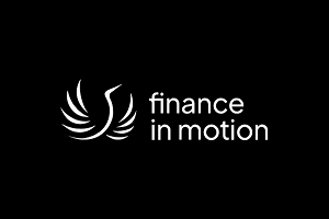 Logo of 'Finance in Motion' with a stylized winged symbol and white text on a black background.
