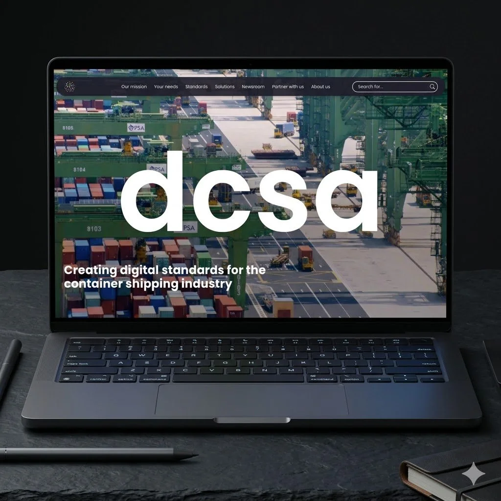 Laptop displaying the website of the Digital Container Shipping Association (DCSA) with cargo ships and containers in the background.