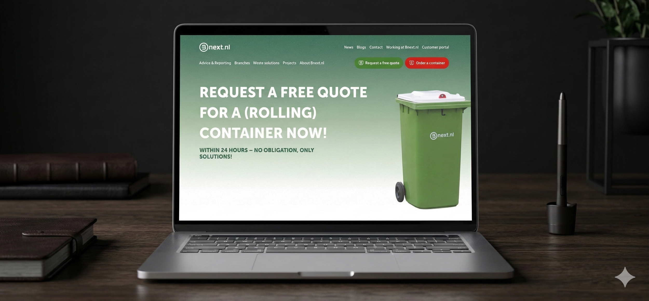 Laptop on a wooden desk displaying a webpage with a green background, promoting free quotes for rolling containers, with a large image of a green trash bin on the right side.