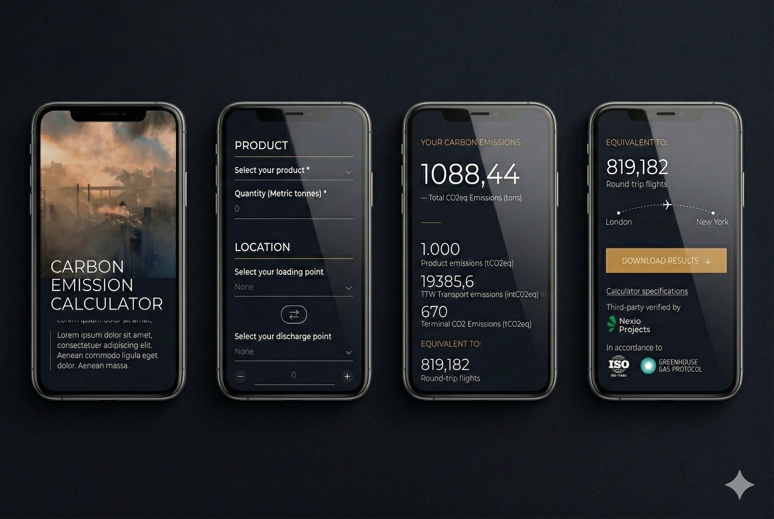 Four smartphones displaying an app for calculating carbon emissions, showing different screens with input options and emission results, placed on a dark surface.