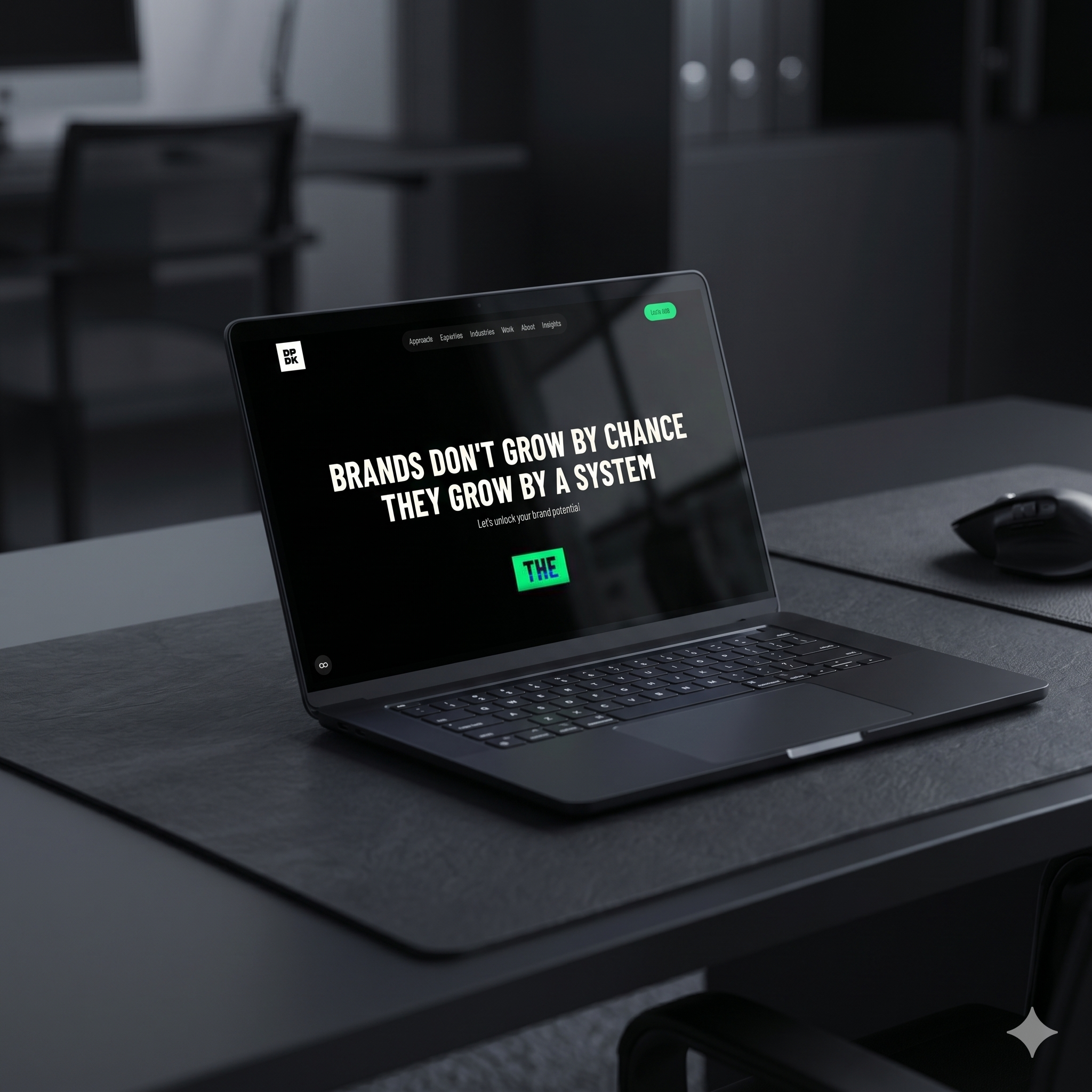 Part of a laptop screen displaying a website with a black background and white text reading 'BRANDS DON'T GROW BY CHANCE THEY GROW BY A SYSTEM'. The laptop is on a dark surface in a dimly lit room, with chairs and a table visible in the background.