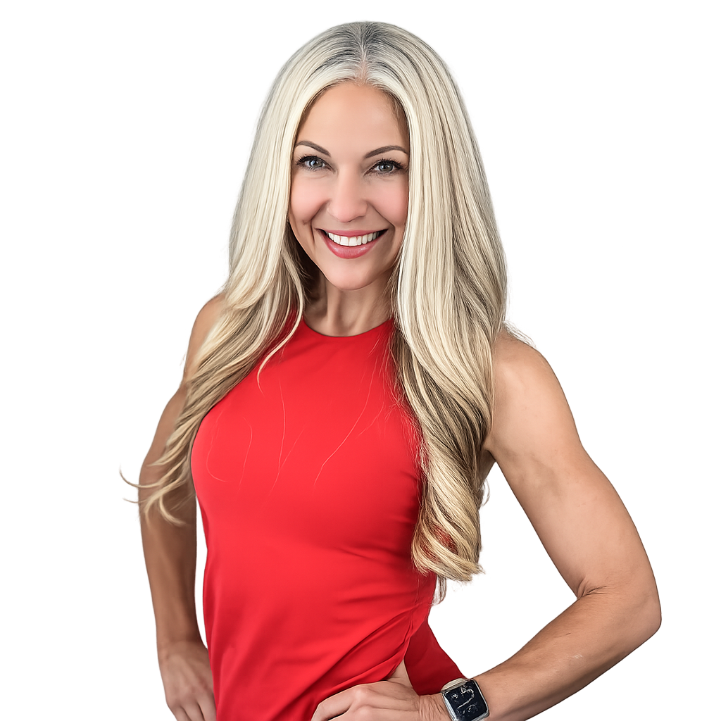 A woman with long blonde hair smiling and wearing a sleeveless red top.