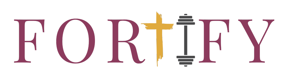 The word "FORTIFY" with a cross replacing the letter "T" in purple and a barbells replacing the letter "I" in gray.