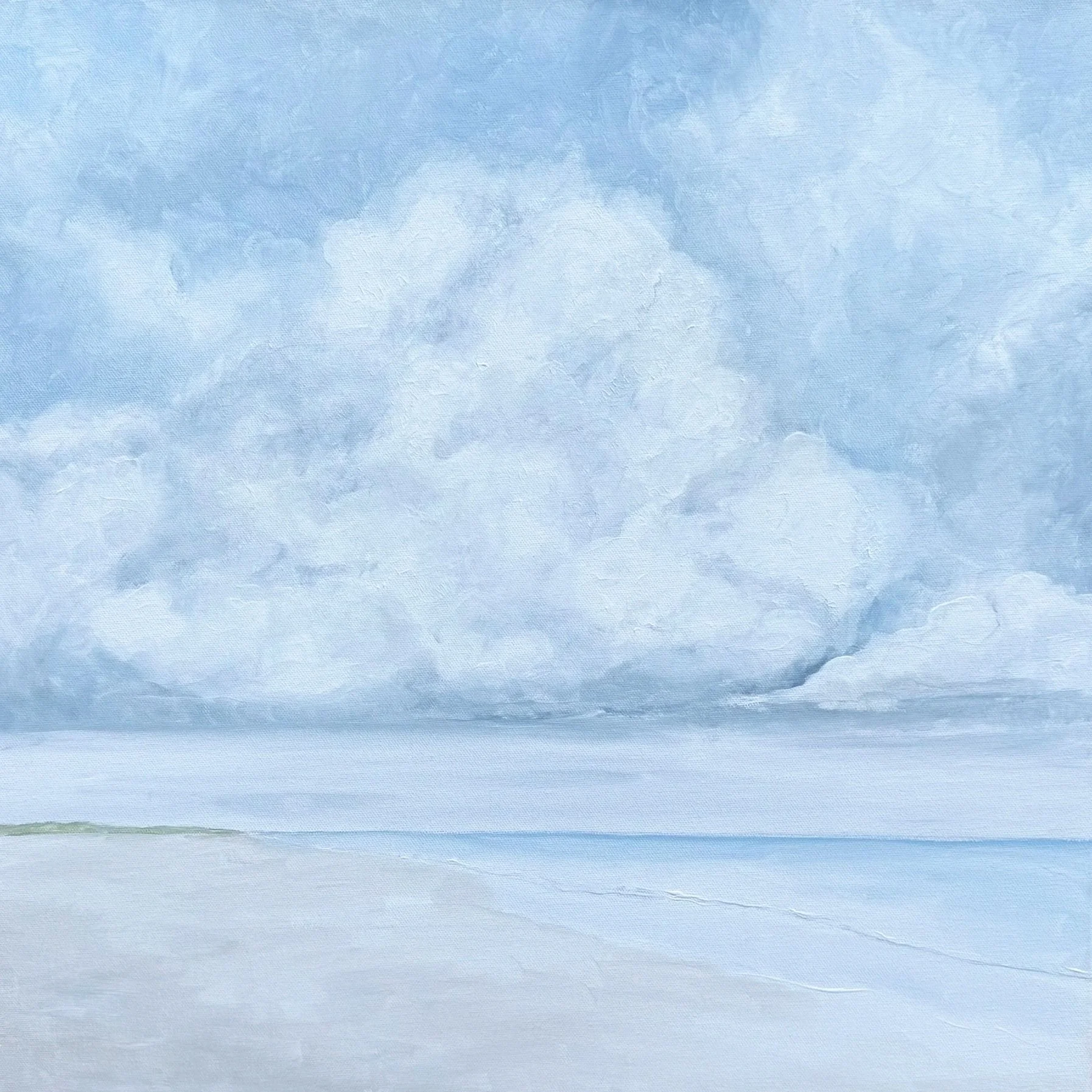 A painting of a cloudy sky over a calm beach with a small strip of green land in the distance.
