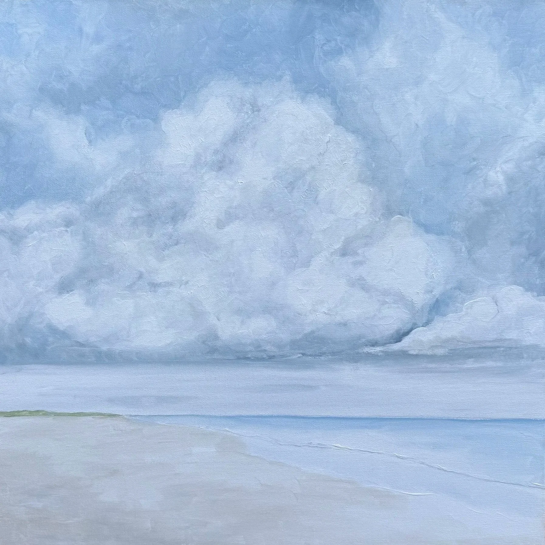 A painting of a cloudy sky over a calm beach with a small strip of green land in the distance.