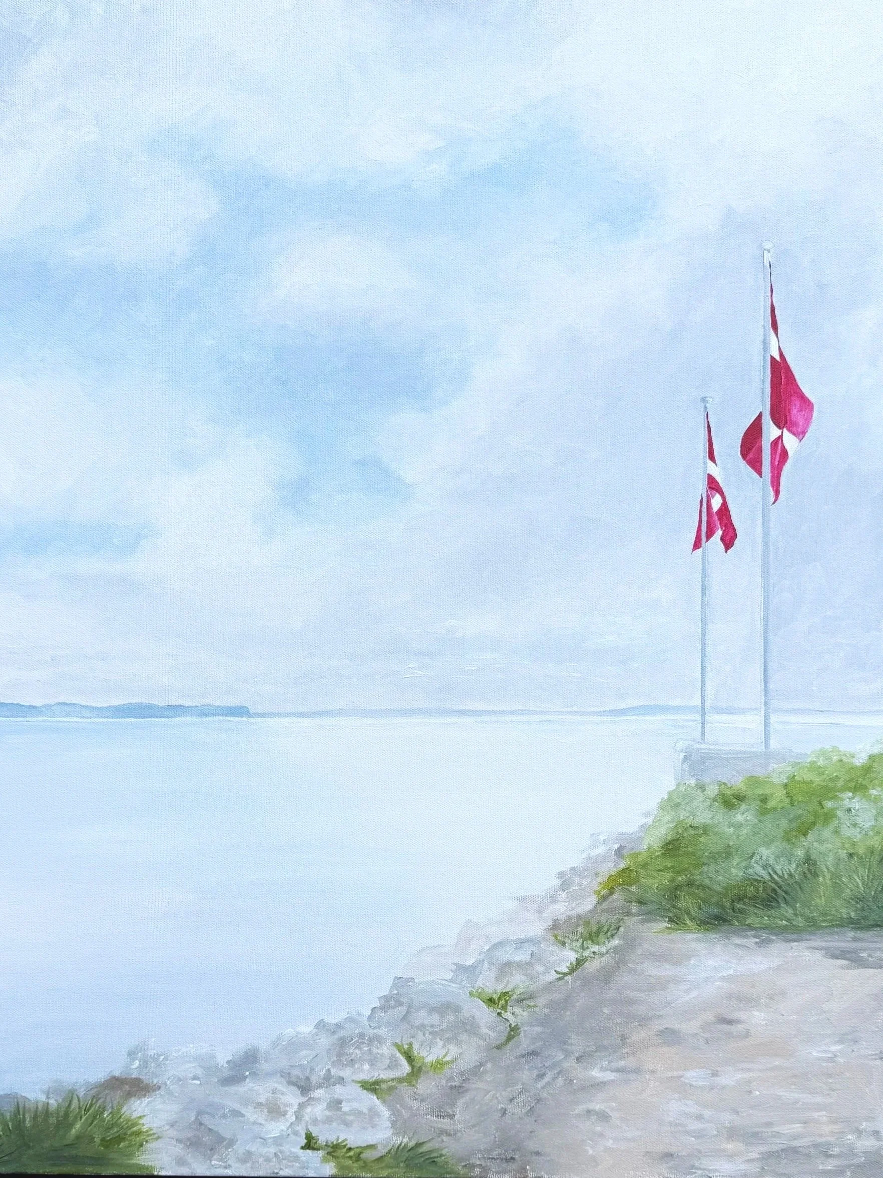 Painting of a waterfront scene with two flags on poles, one with a cross and the other with a swirl, on a rocky and grassy ledge overlooking a calm body of water, sky cloudy and distant land visible.