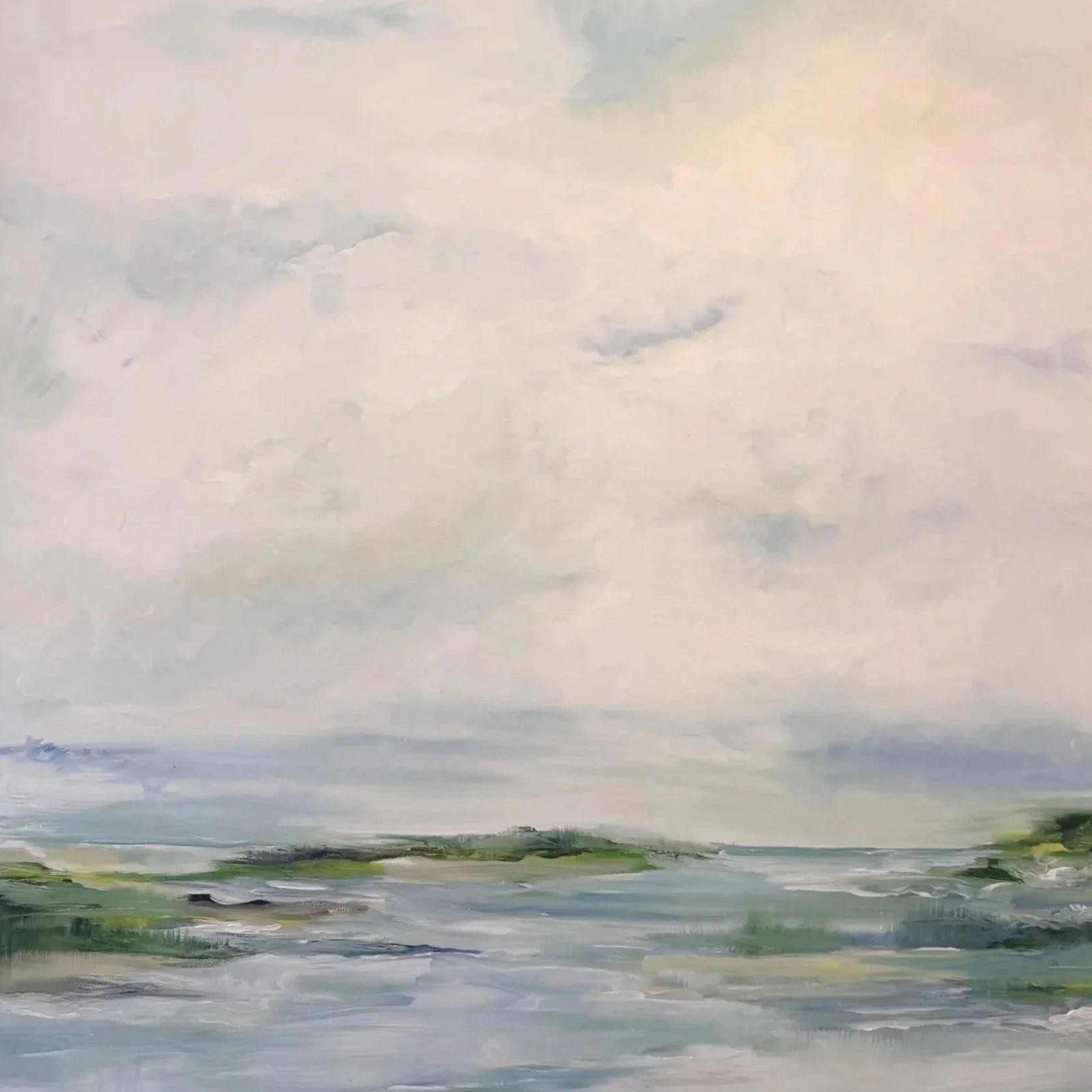 Oil painting of a cloudy sky over a calm body of water with green land in the distance.