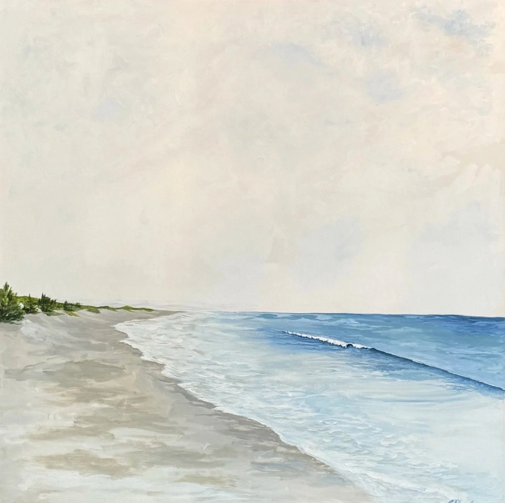 A painting of a beach scene showing a shoreline with waves and some greenery in the distance under a cloudy sky.