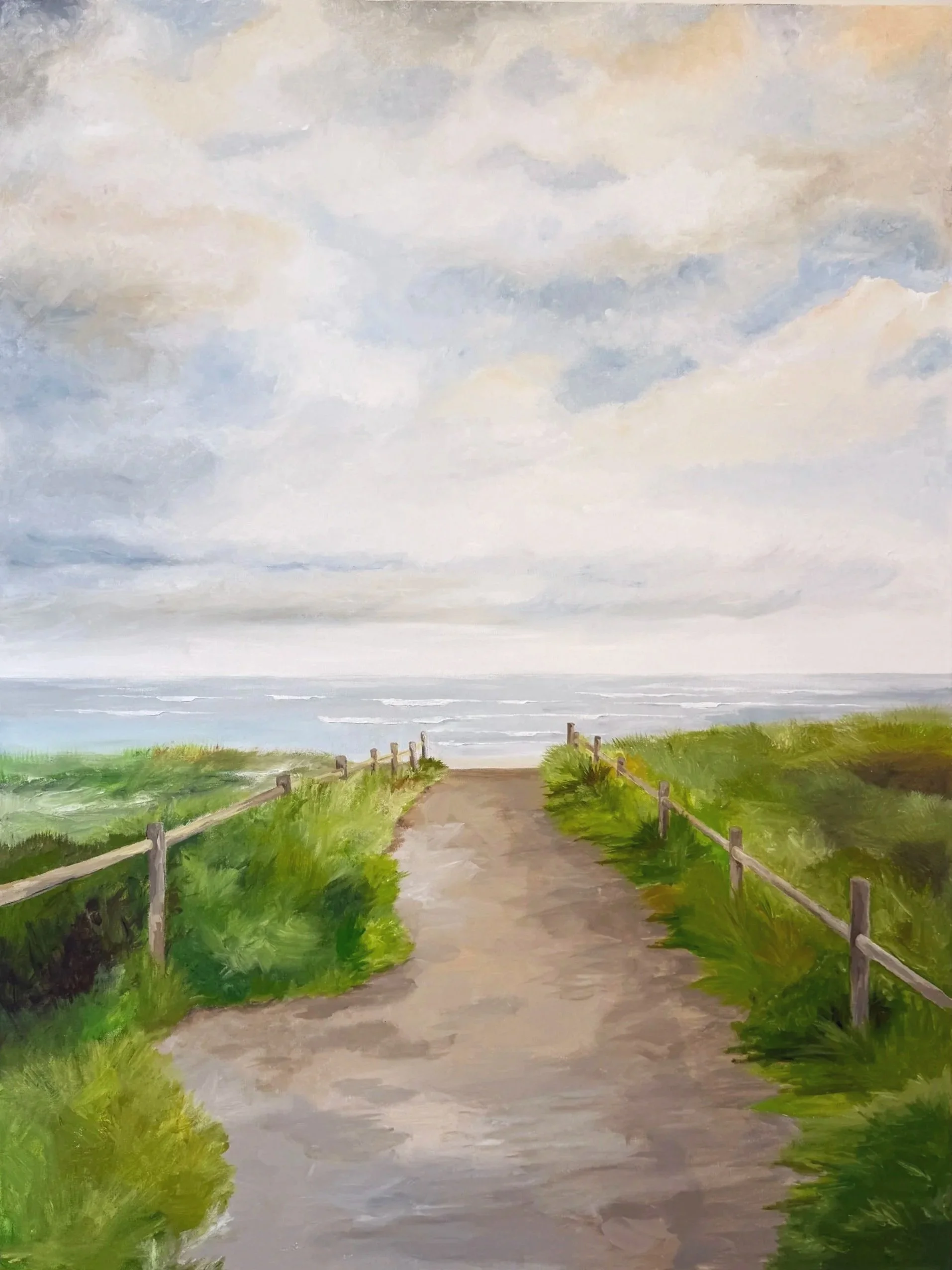 A painting of a sandy path through green grassy dunes leading to the ocean, with cloudy sky overhead.