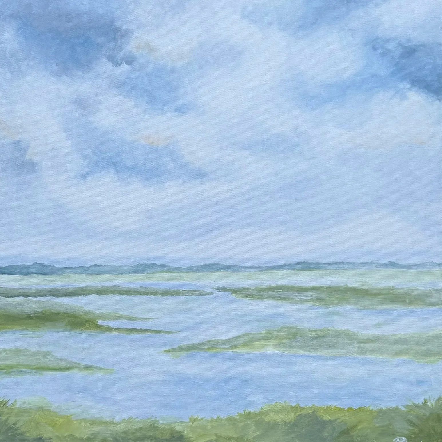 Painting of a marshland with water, green vegetation, and a cloudy sky.