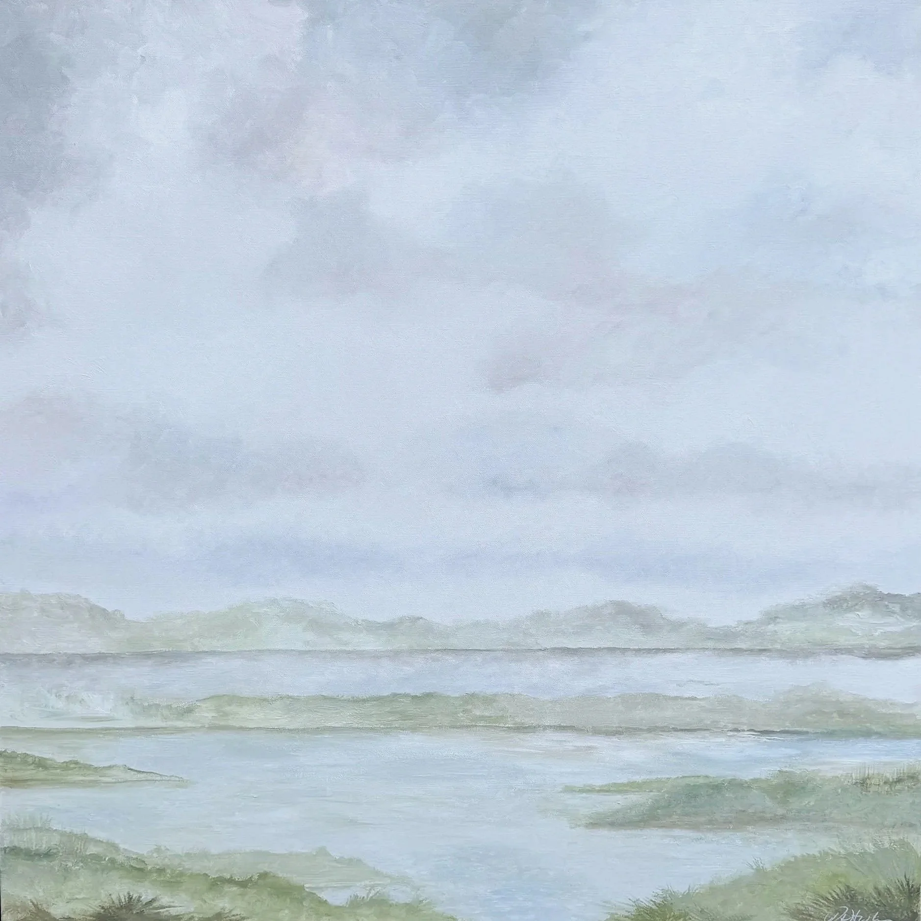 A watercolor painting of a cloudy sky over a calm, wide river with green hills in the distance.