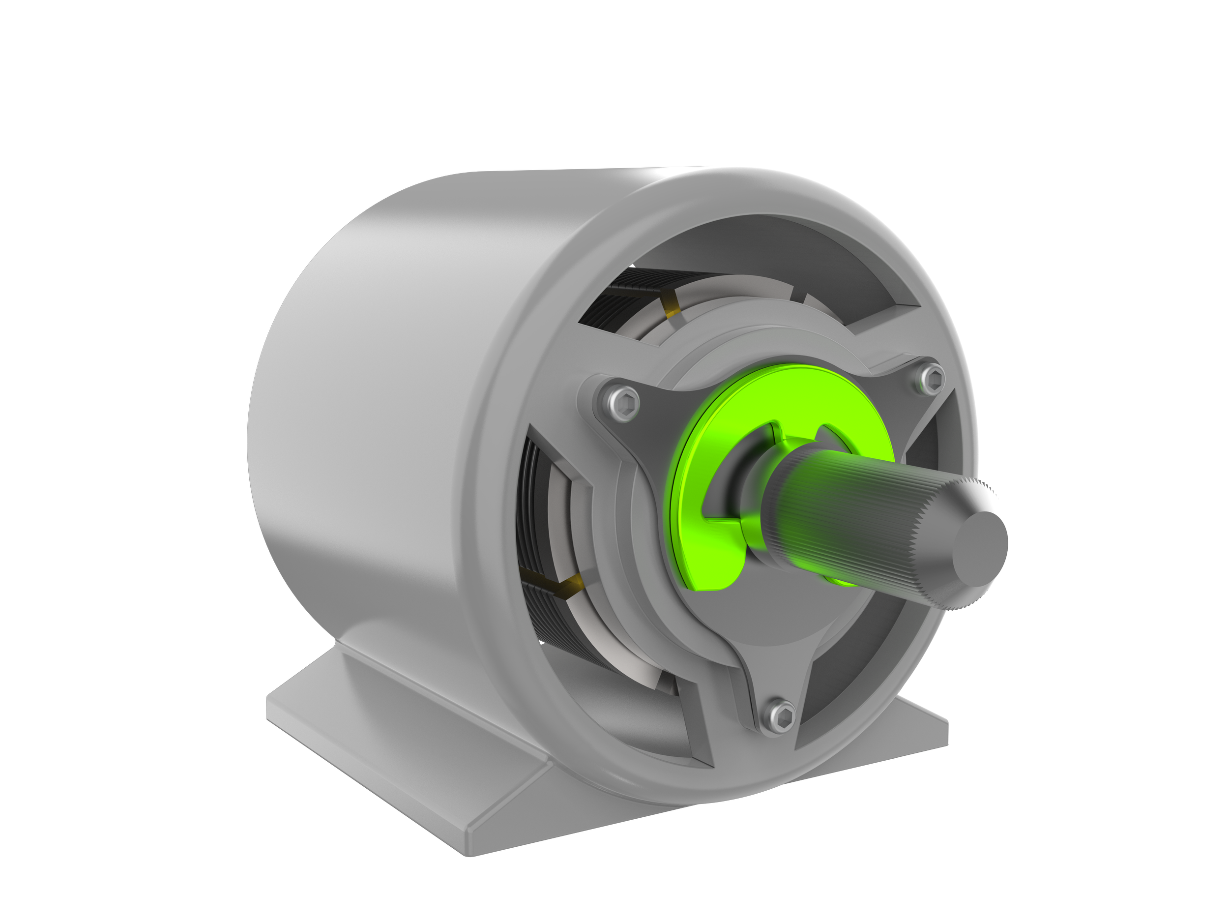 A close-up of a small electric motor with a metallic shaft, featuring a green indicator light, on a white and black background.