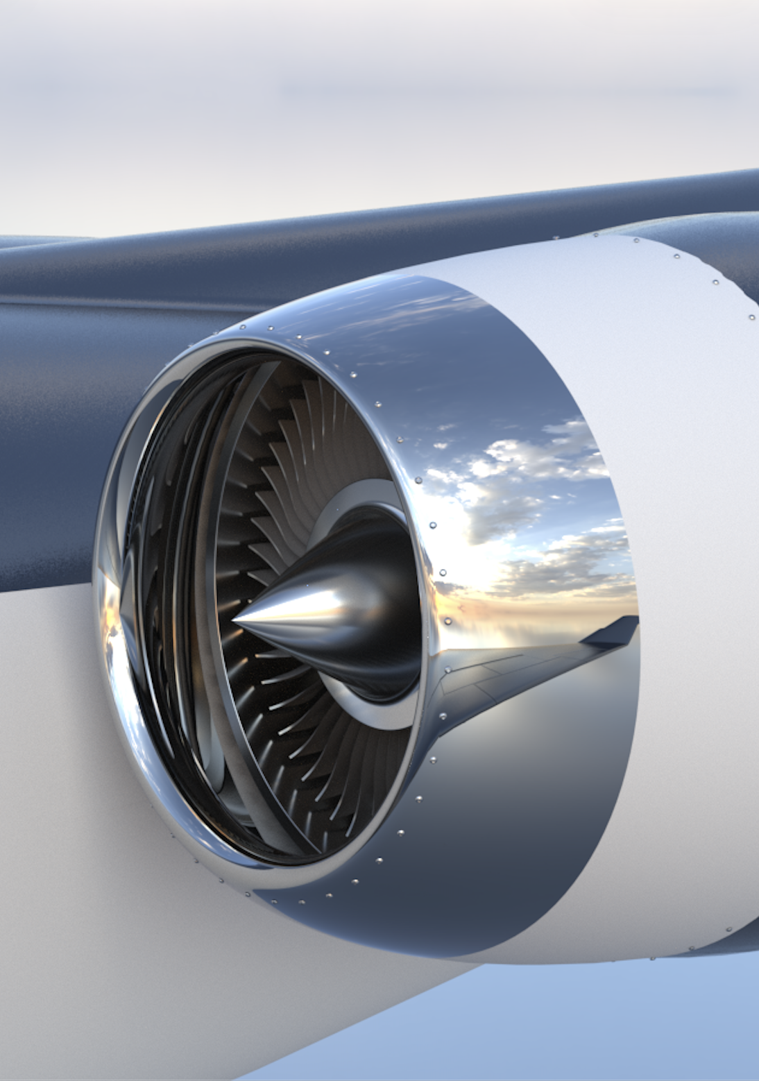 Close-up of a jet engine on an aircraft with a cloudy sky reflected on its shiny surface.