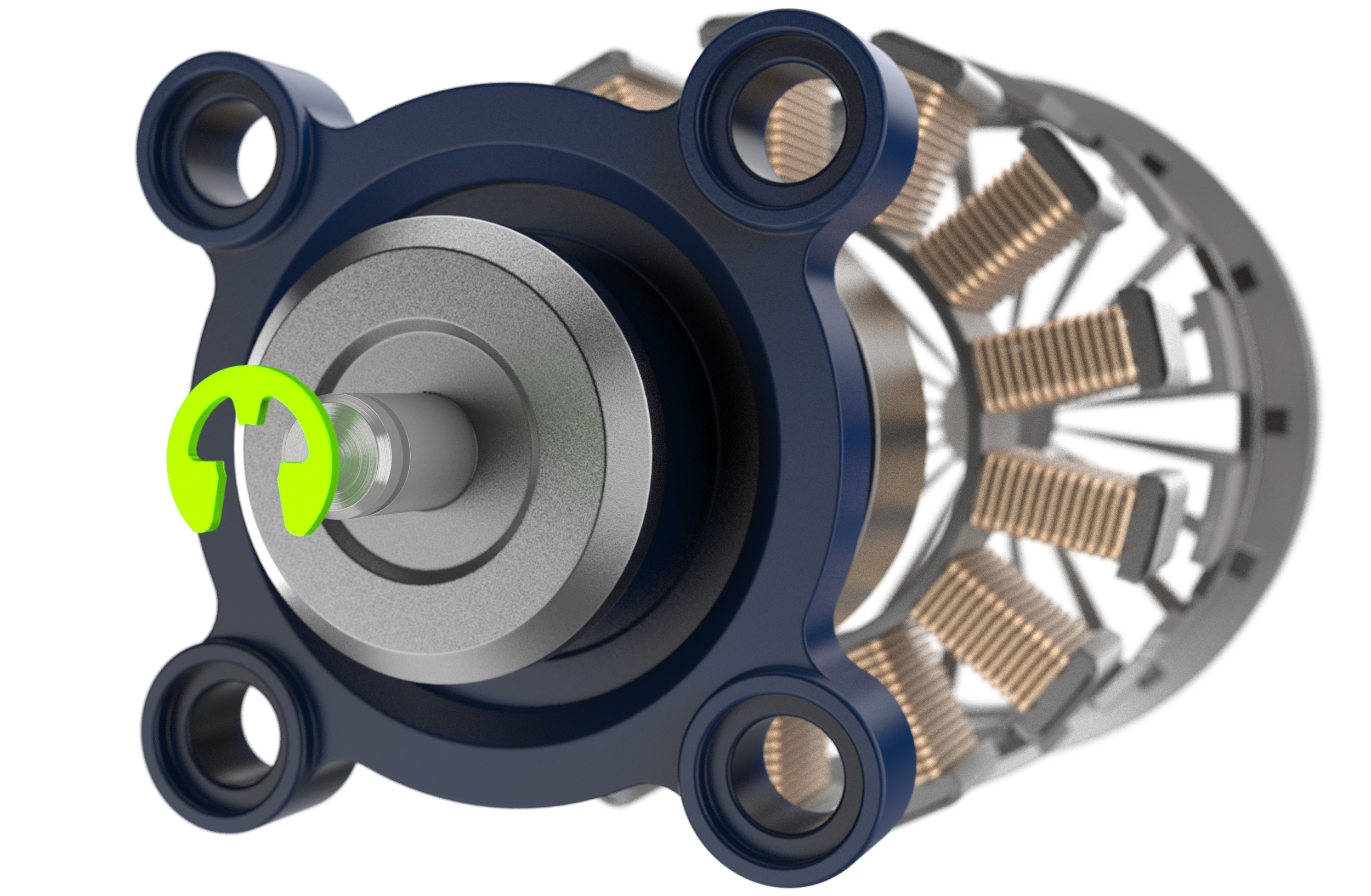 A close-up view of a small electric motor showing its rotor, permanent magnets, and mounting bracket.