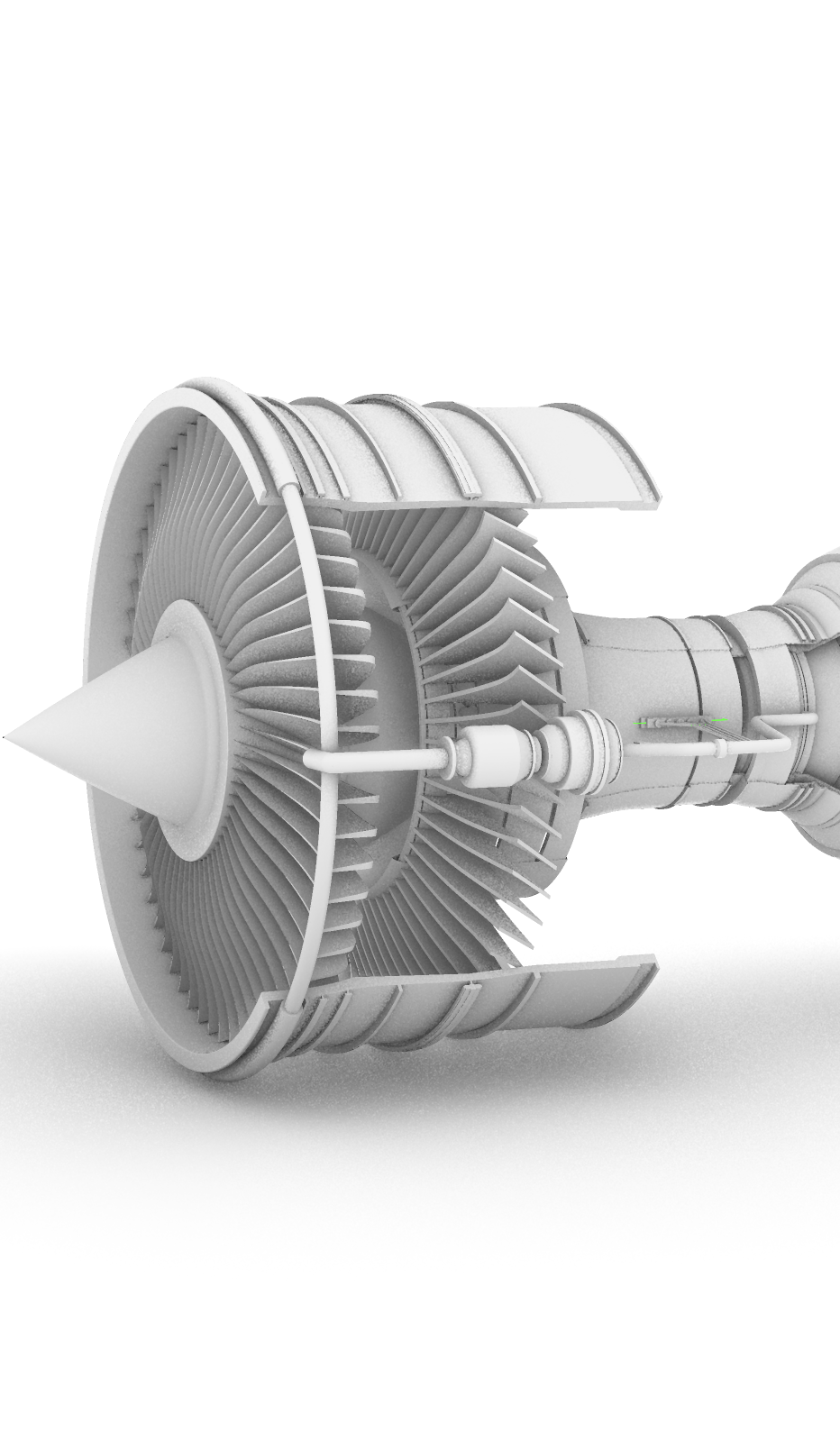 A 3D rendering of a jet engine with visible fan blades and turbine components in grayscale.