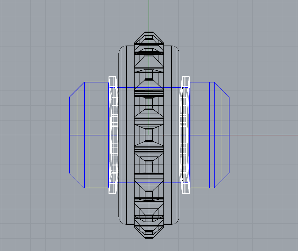 Wireframe 3D model of a spacecraft or missile viewed from above in a CAD software interface.